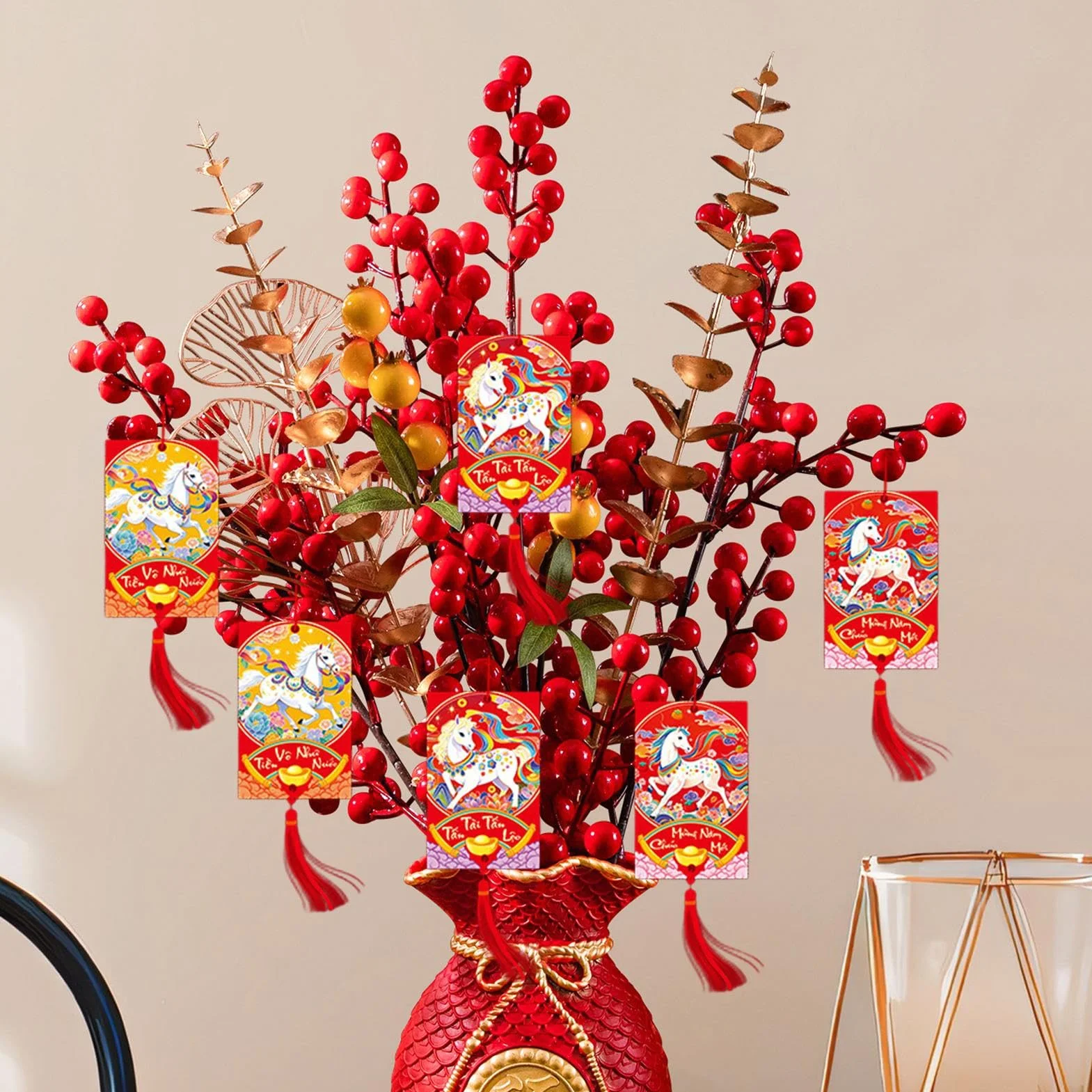 Vietnamese Lunar Horse Year Paper Charm Decorations 6-Piece for Holiday Home Doorway Tree Wall Door Party Office