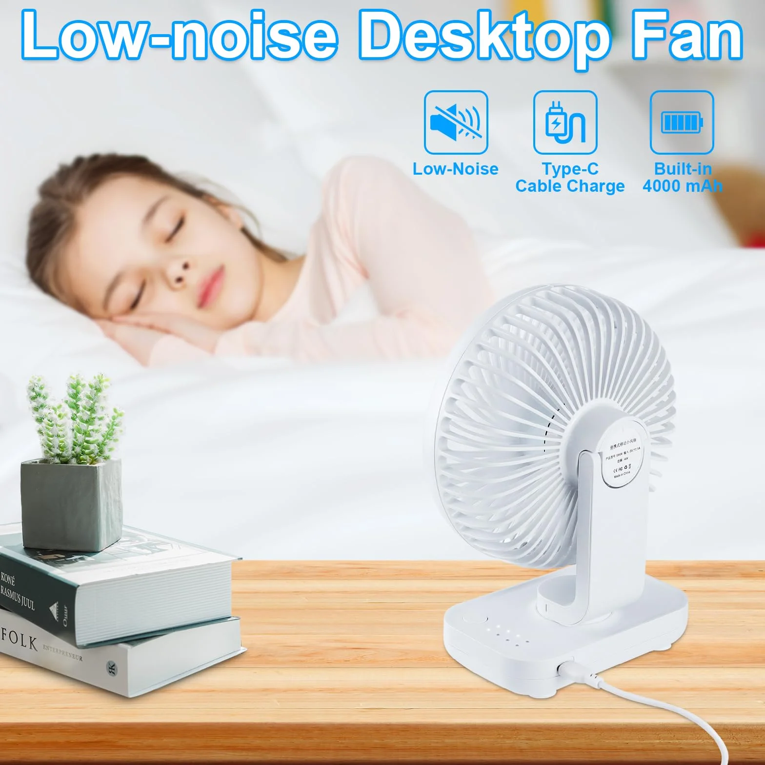Qingning Cichy wentylator biurkowy USB, przenośny mini wentylator stołowy z 4 prędkościami, mały wentylator o mocy 5 cali, 4000 mAh, do domu, sypialni, biura, na zewnątrz (biały)