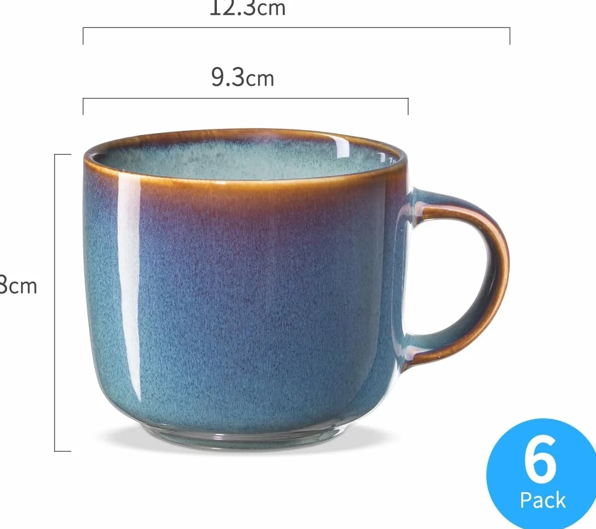 6-częściowy zestaw kubków do kawy, ceramiczne filiżanki do herbaty, wielofunkcyjne, odporne na zmywarkę i kuchenkę mikrofalową, kubek do kawy 360 ml, niebieski kubek kawowy