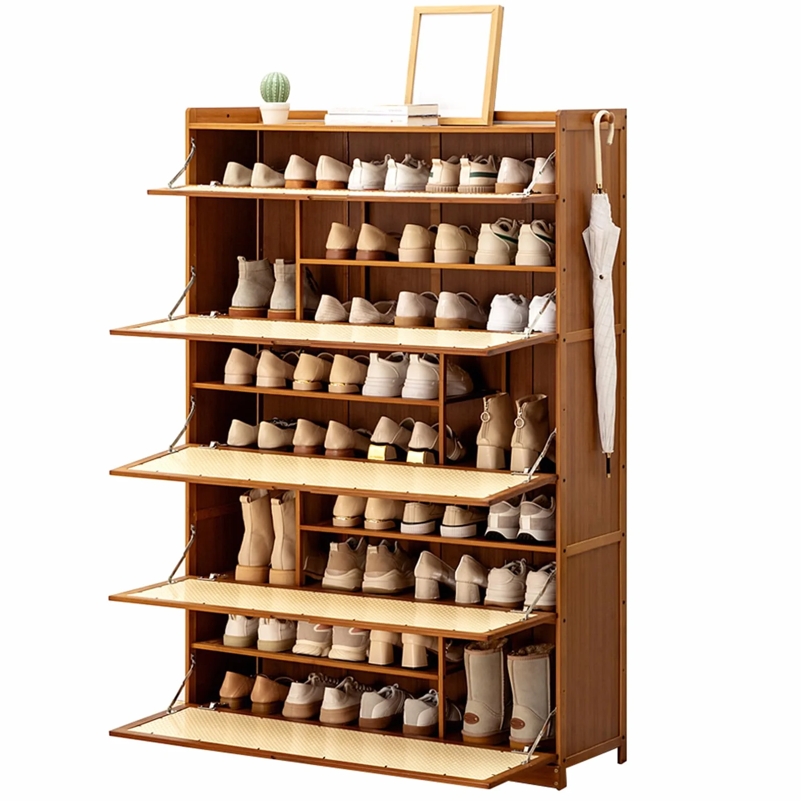 Bambusowa szafka do przechowywania butów z otwieranymi drzwiami i haczykami, stylowy organizer do przedpokoju i salonu, 80 x 33 x 115 cm na obuwie i akcesoria