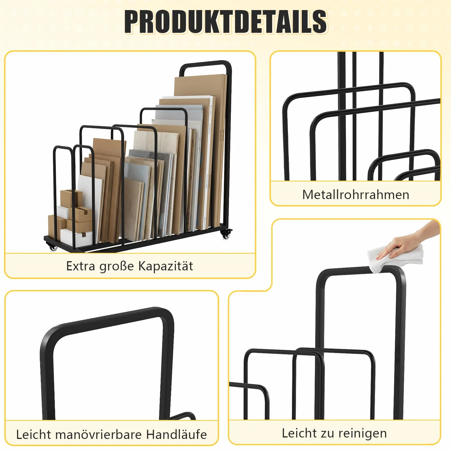 MYOYAY 105 x 45 x 115 cm, metalowy stojak na kartony, regał kartonowy z rolkami, ruchomy regał kartonowy, regał magazynowy do użytku komercyjnego i domowego (czarny)