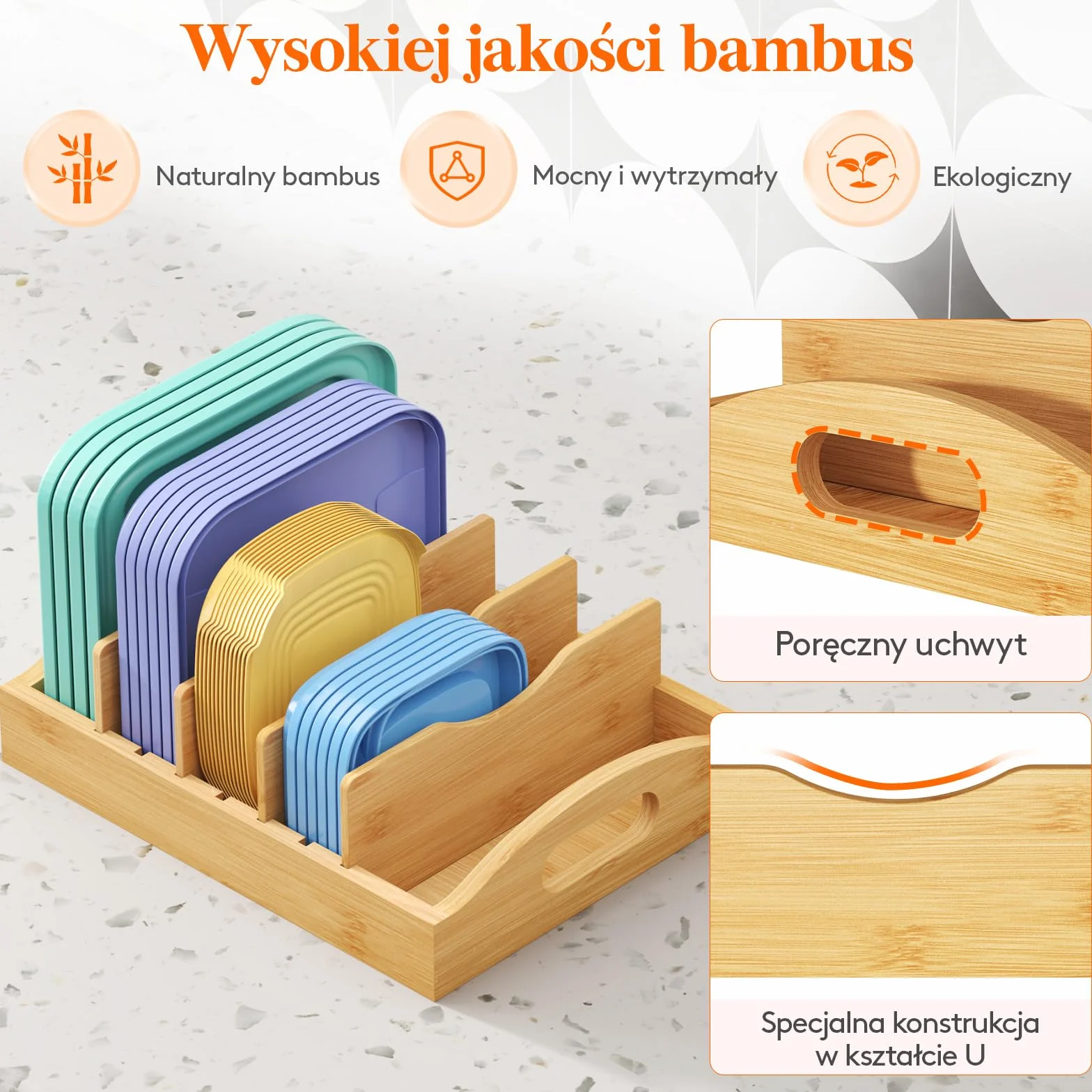 Lifewit Bambusowy stojak na pokrywki, stojak na naczynia oszczędzający miejsce z 4 regulowanymi przegródkami, stojak na pojemniki do szuflad kuchennych na żywność, 27 x 21 cm