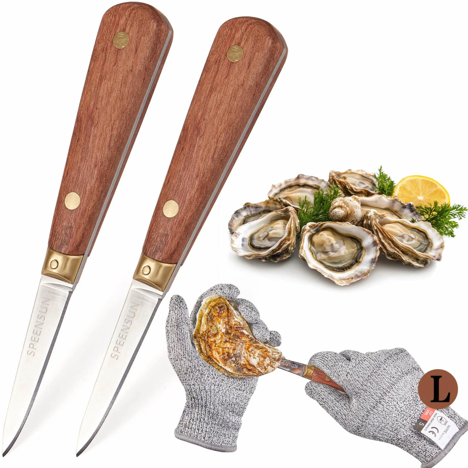 SPEENSUN Nóż Oyster Shucking, niełatwy do złamania i zginania ze wzmocnieniem ostrzy, bezpieczniejszy dzięki nożowi ostrygowemu i rękawicom (2 noże i 1 rękawica L)
