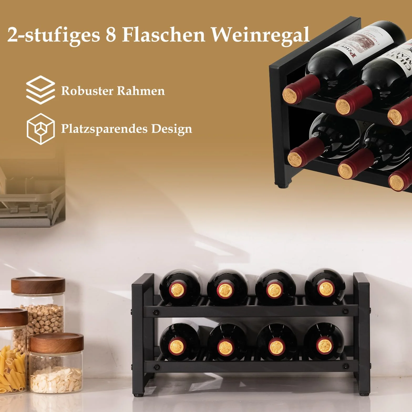 COSTWAY 2-poziomowy regał na wino z metalu, stojak na butelki, stojak na 8 butelek, stojak na butelki wina, uchwyt na wino do kuchni, spiżarni, baru i piwnicy, 42,5 x 24,5 x 20,5 cm, JV10899DE