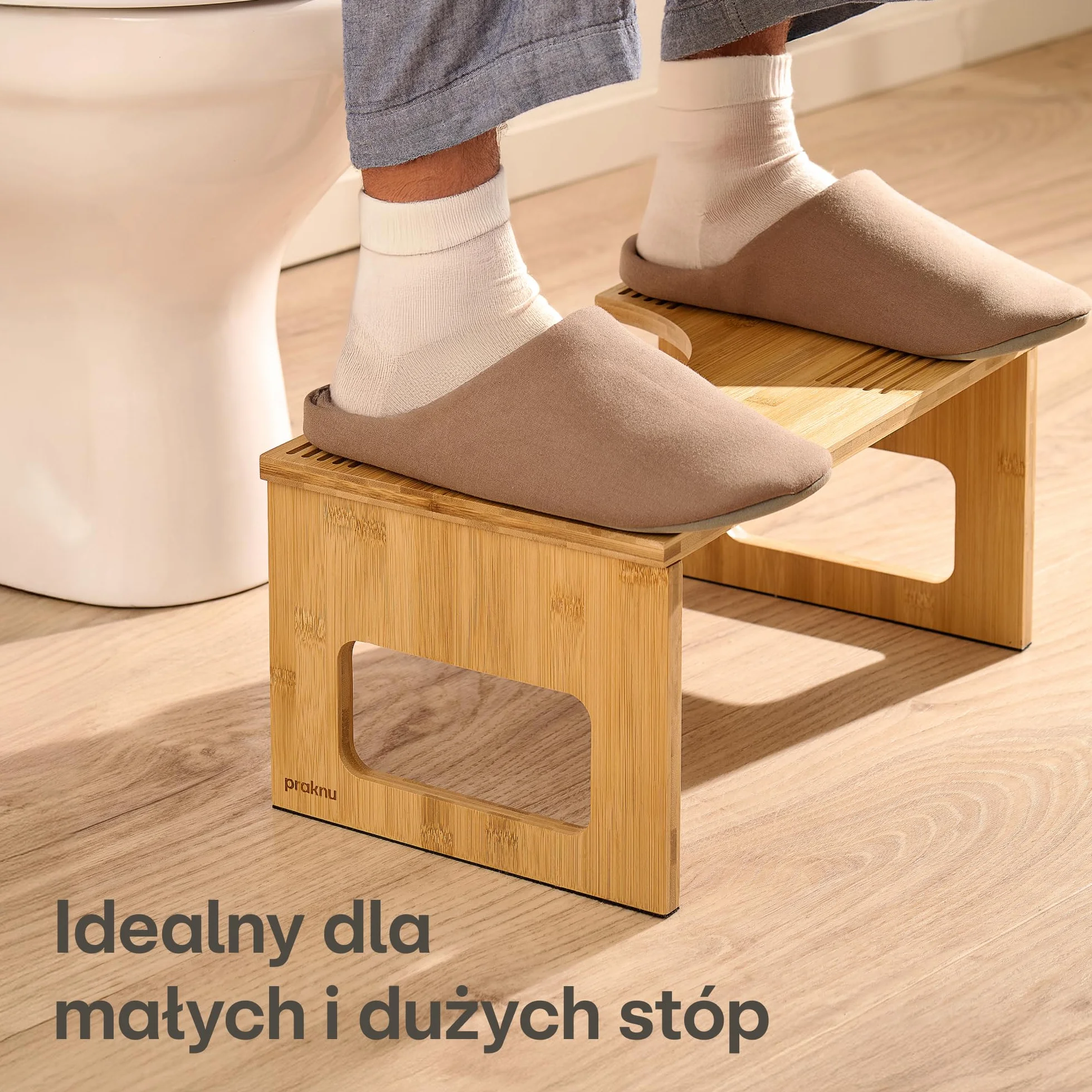 Praknu Składany Stołek Toaletowy z Bambusa FSC® - 𝗔𝗻𝘁𝘆𝗽𝗼ś𝗹𝗶𝘇𝗴𝗼𝘄𝘆 Stołek WC dla Dorosłych - Ergonomiczny Stołek do Łazienki