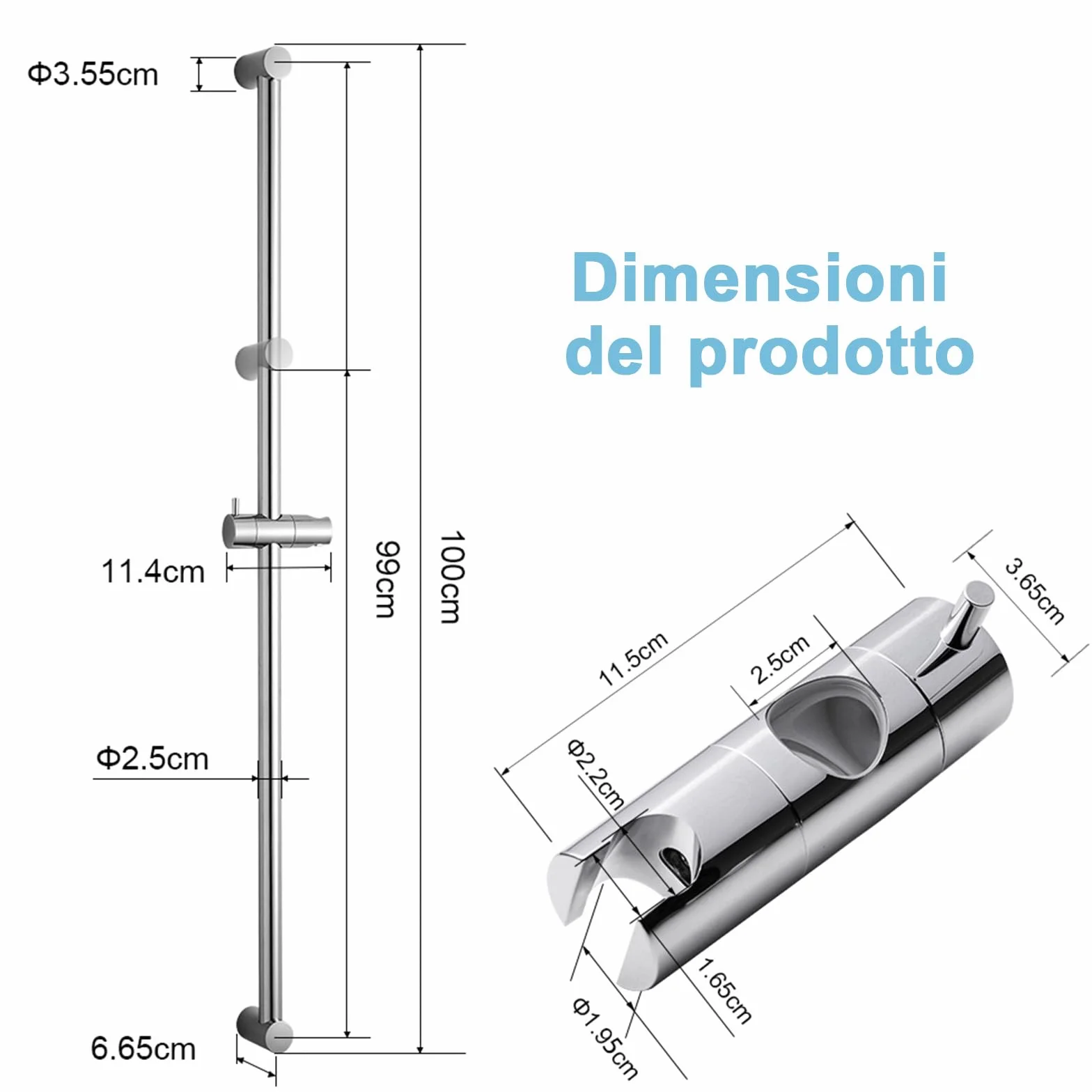 Prysznic 100 cm, drążek ścienny ze stali nierdzewnej, regulowany 60-100 cm, uchwyt 360°, chrom