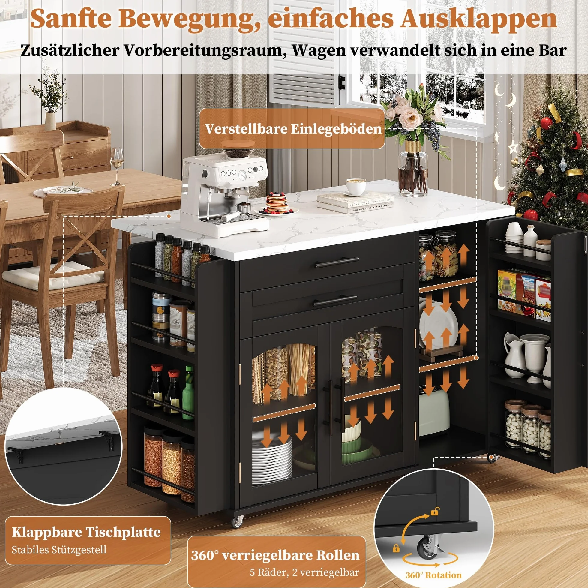 Mobilna wyspa kuchenna, wolnostojąca, 120 x 45 (70) x 90 cm, wózek kuchenny z rolkami, ze składanym obszarem roboczym, regał na przyprawy, drzwi szafy, organizer do szuflady na sztućce, do kuchni
