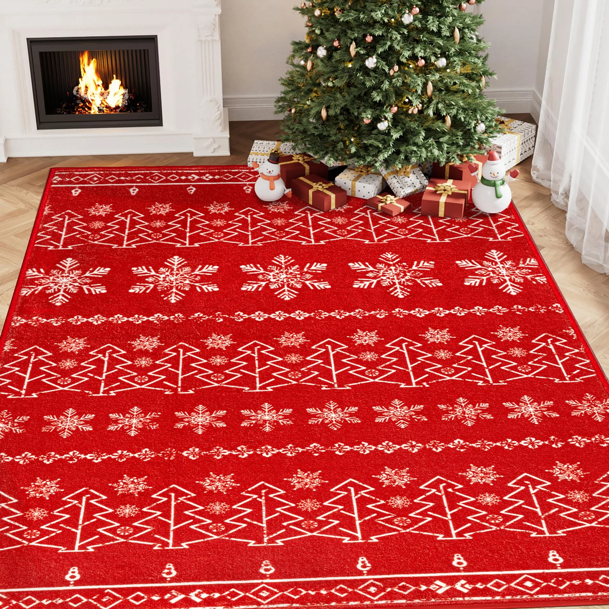 PureCozy świąteczny Dywan do Salonu 200x300cm Czerwony Sypialni Antypoślizgowy Zmywalne świąteczna Dekoracyjna Choinką Renifer śnieżny Jadalni Pokoju Dywany