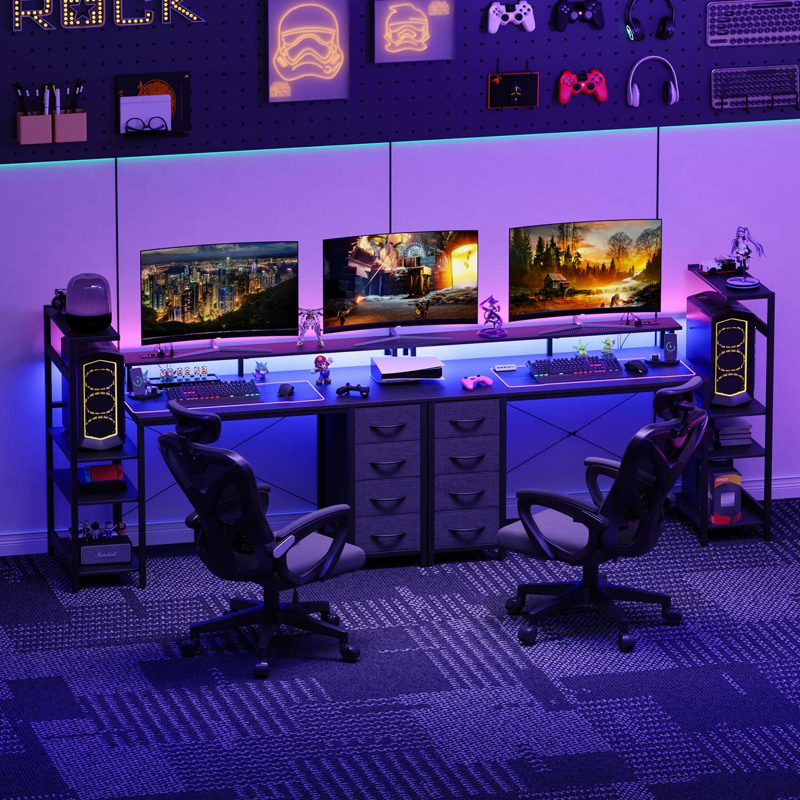 YOUDENOVA Biurko gamingowe 130 x 50 cm, stół gamingowy z oświetleniem LED i gniazdkiem, biurko komputerowe z szufladami, włókno węglowe, czarne