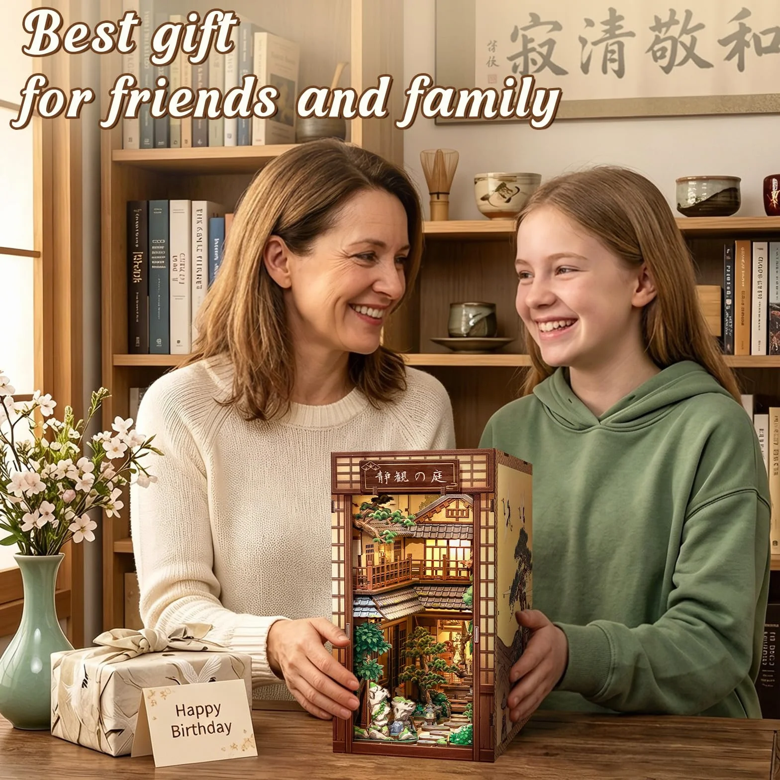 Cutefun Japoński zakątek książki, spokojny dziedziniec | Zestaw miniaturowy DIY dla dorosłych, Japonia 3D drewniane puzzle rękodzieło prezent dla kobiet
