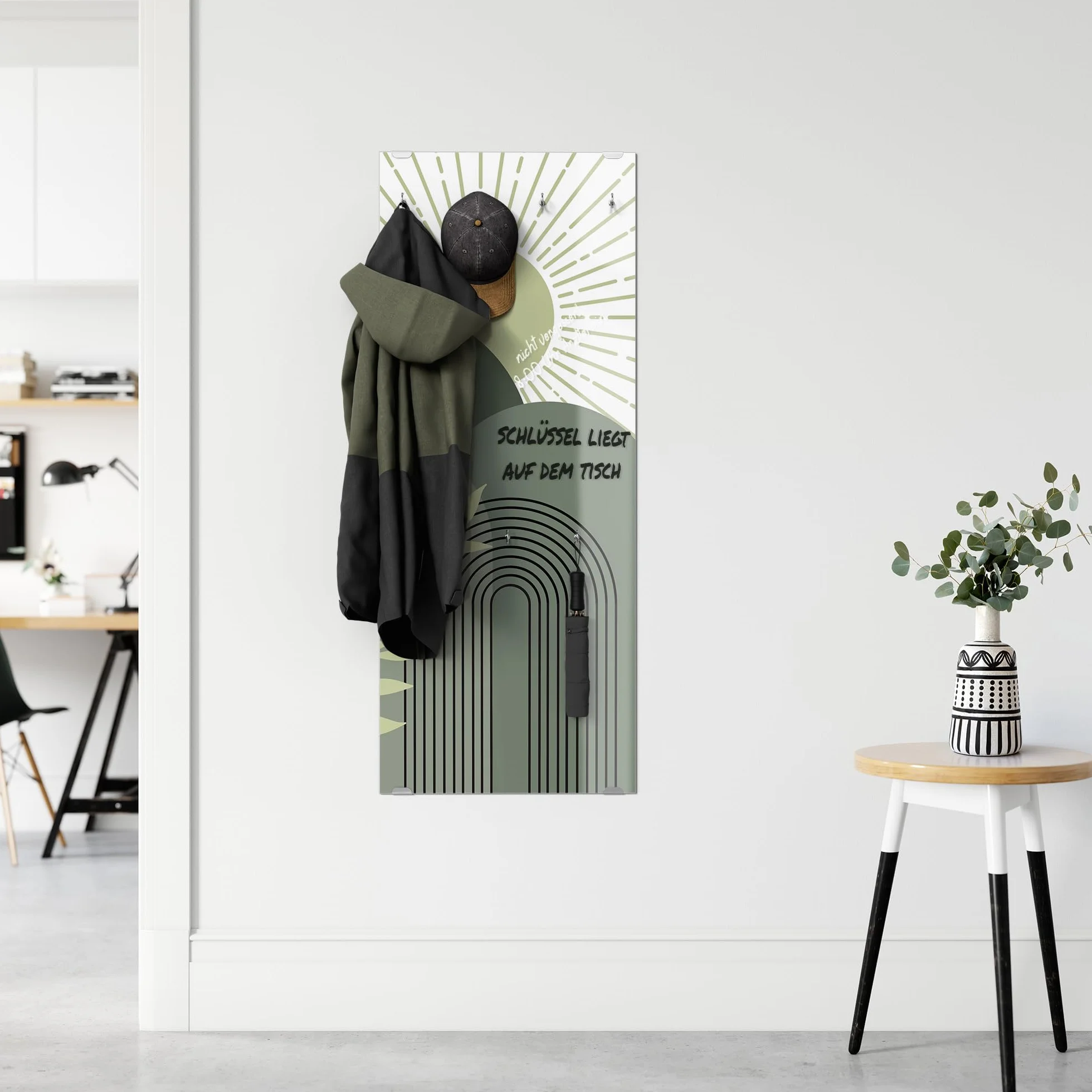 DEQORI Wieszak na ubrania ze szkła z nadrukiem motywu, wzór pionowy, 50 x 125 cm, motyw gry światła natury, szkło bezpieczne ESG z 7 haczykami – możliwość zapisywania i łatwe w montażu – łatwe w