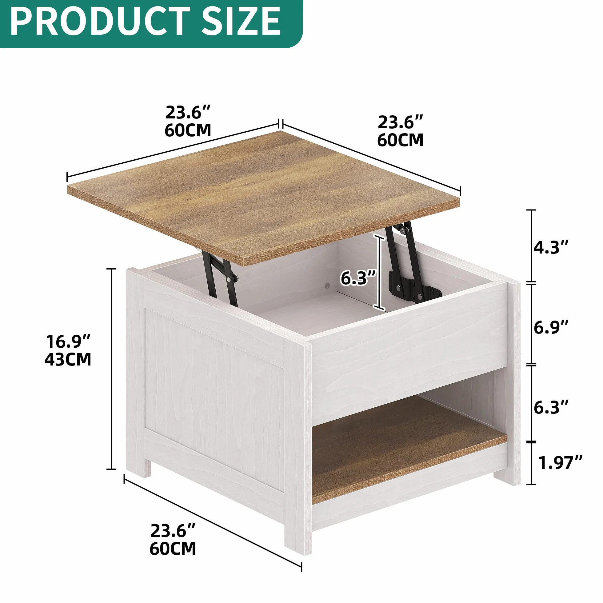 YITAHOME Stolik kawowy Lift Top, kwadratowy, drewniany, nowoczesny, rustykalny stolik kawowy z miejscem do przechowywania, do salonu, wiejskiego szary, 60 x 60 x 45 cm
