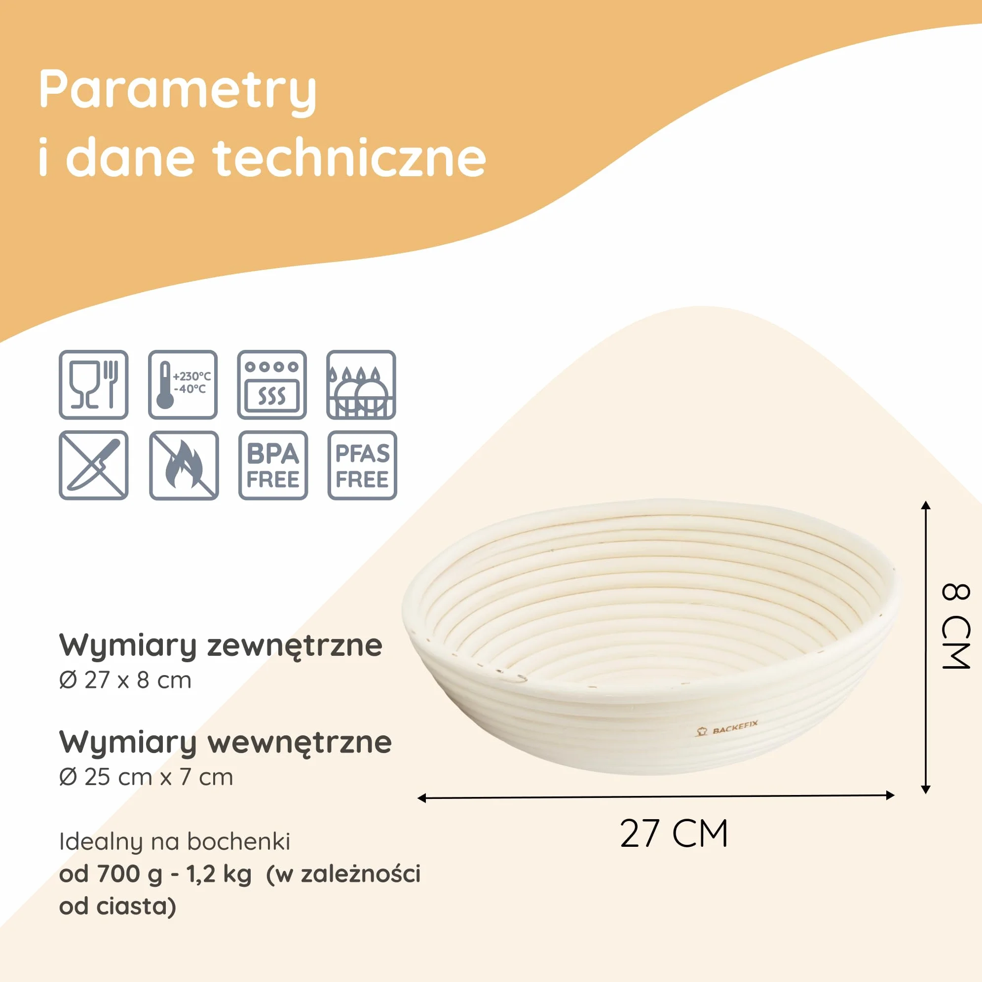 Backefix Koszyk do garowania chleba okrągły 25 cm wewnątrz mały 500 g do 1 kg chleba – zrównoważone i naturalne pieczenie chleba z koszem do garowania | koszyk do pieczenia chleba | odnawialna rura do