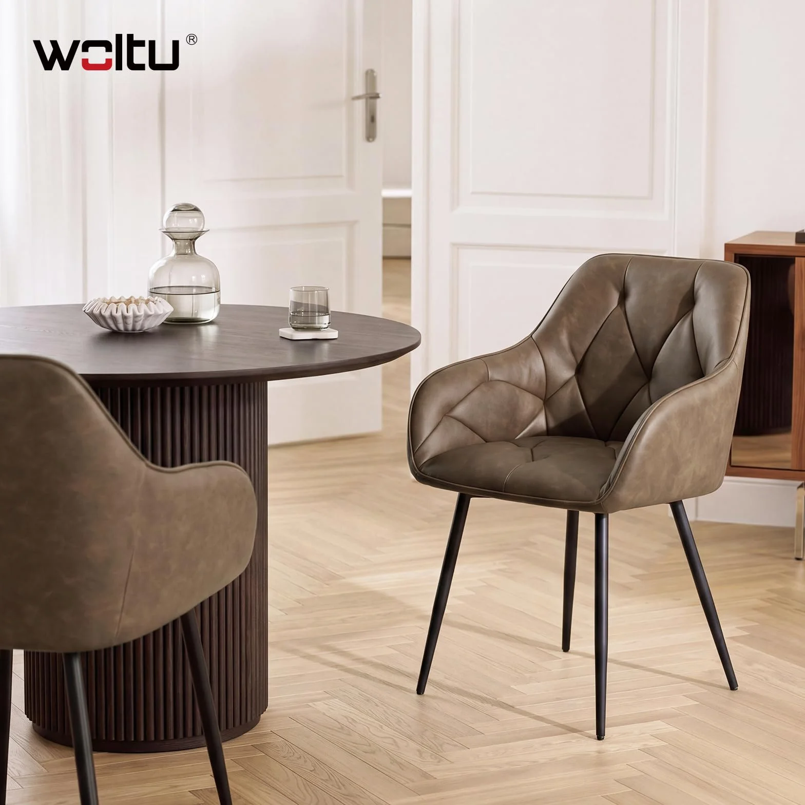 WOLTU 2 x krzesło do jadalni, kuchni, ergonomiczny fotel, krzesło z podłokietnikami, krzesło tapicerowane, siedzisko ze sztucznej skóry w stylu vintage, metalowe nogi, ciemnobrązowy, EZS03dbr-2
