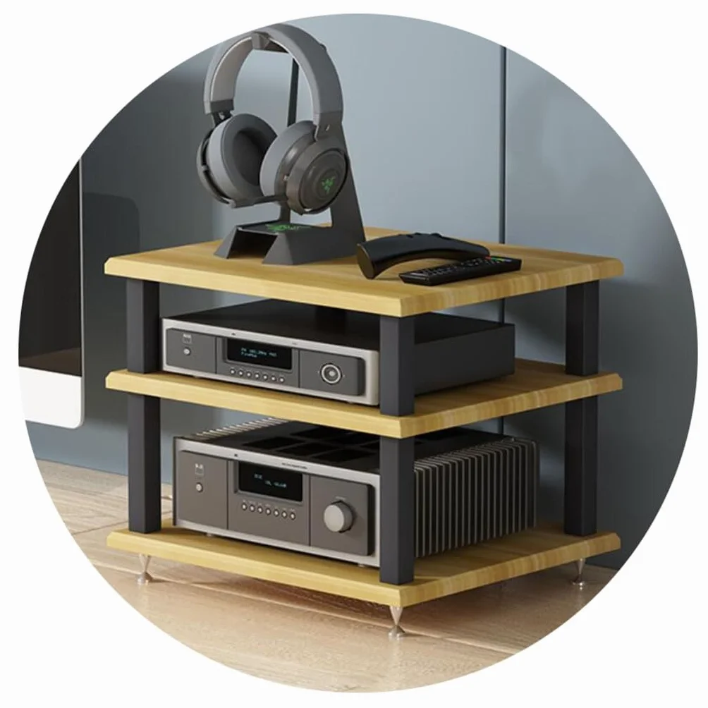 Domowa szafka audio AV – 3-poziomowy drewniany stojak na nośniki do odtwarzaczy płyt i rozrywki, kompaktowy, 40 x 35 x 33 cm, stylowe rozwiązanie do przechowywania dla audiofilów