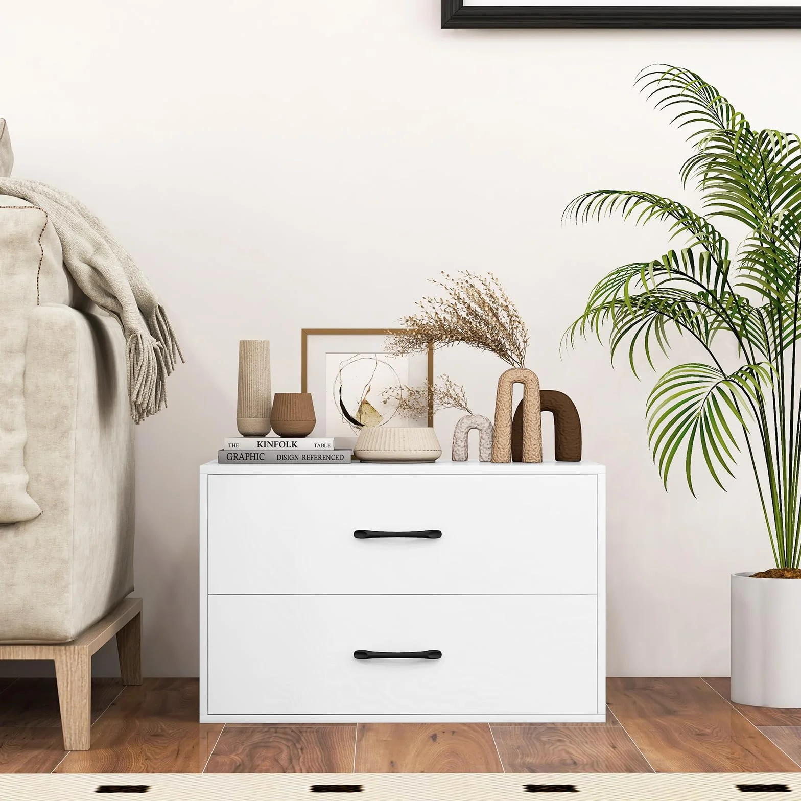 COSTWAY Komoda z 2 szufladami, szafka drewniana do przechowywania 60 x 34 x 38 cm biała