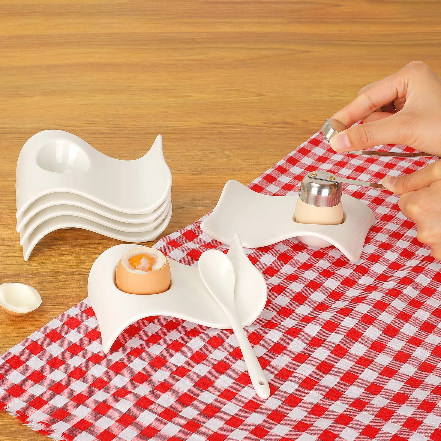 Zestaw 6 filiżanek do jajek, ceramiczny uchwyt na jajka + foremka do gotowania jajek, biały kubek do jajek, dekoracja na śniadanie i brunch
