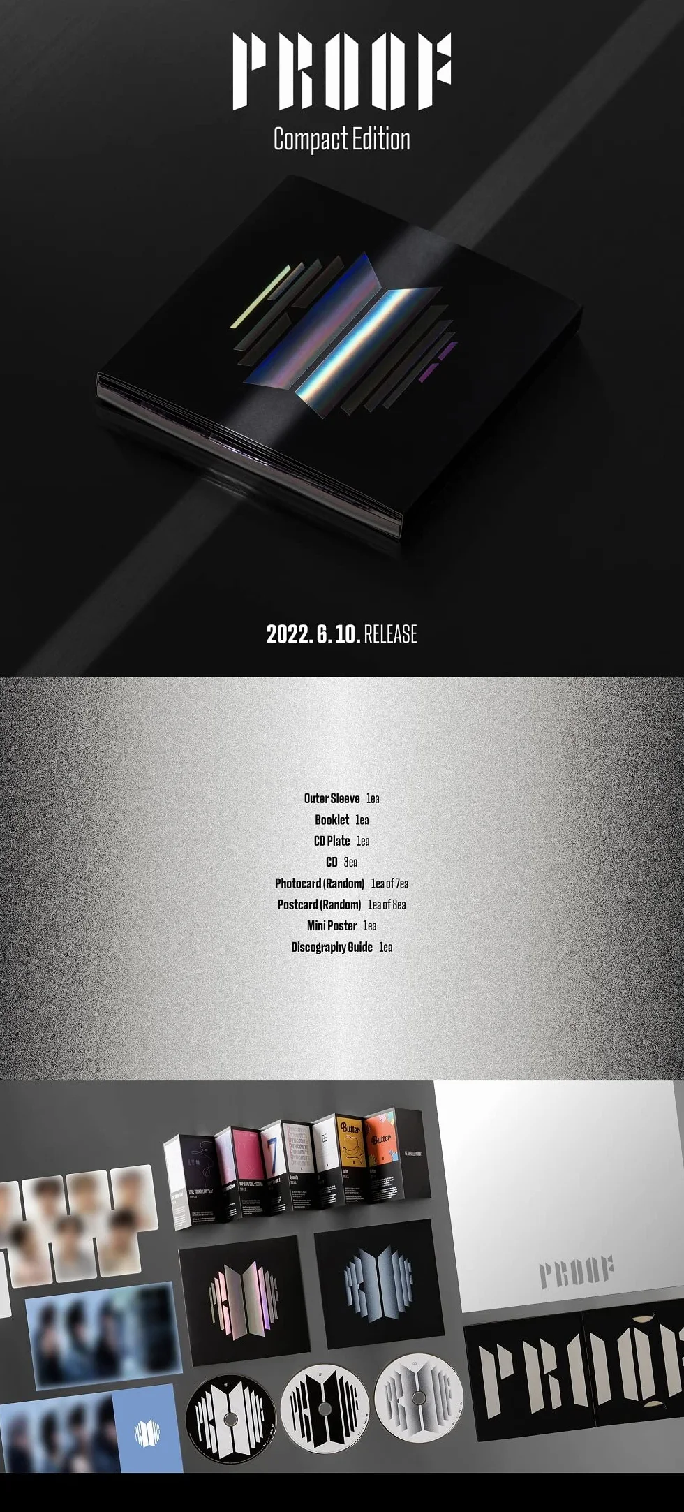 Big Hit Entertainment BHE0117 BTS BANGTAN BOYS Proof Standard + Compact Edition Set [BTS Anthology Album] 6 płyt CD + 1 składany plakat + zestaw dodatkowych kart fotograficznych 188 x 250 x 59 mm
