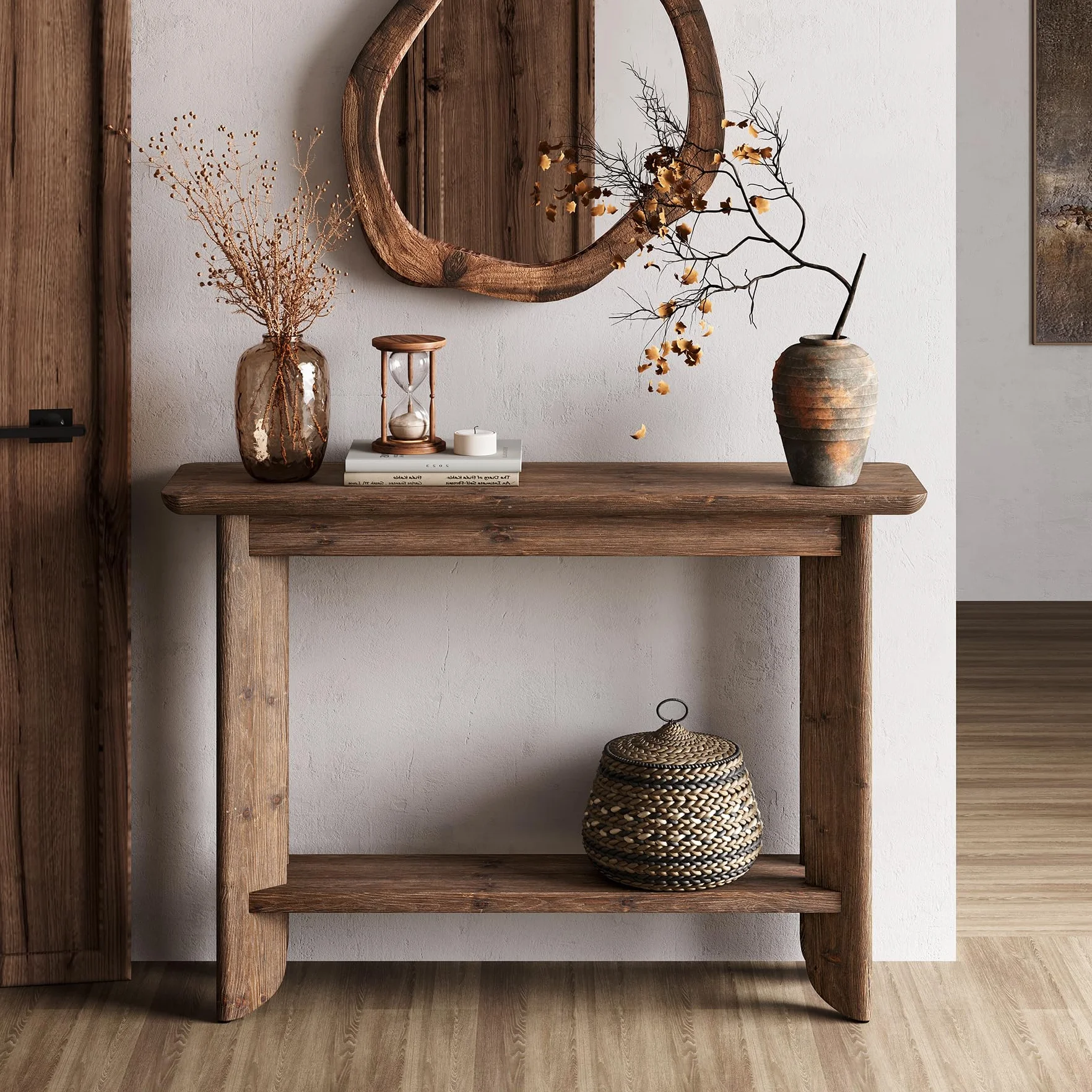 Stół konsolowy z litego drewna 105 cm, 2 w 1, stół do przedpokoju i sofy, stół z prawdziwego drewna orzechowego z półką, wąska konstrukcja do przedpokoju i salonu, łatwy montaż 30 minut