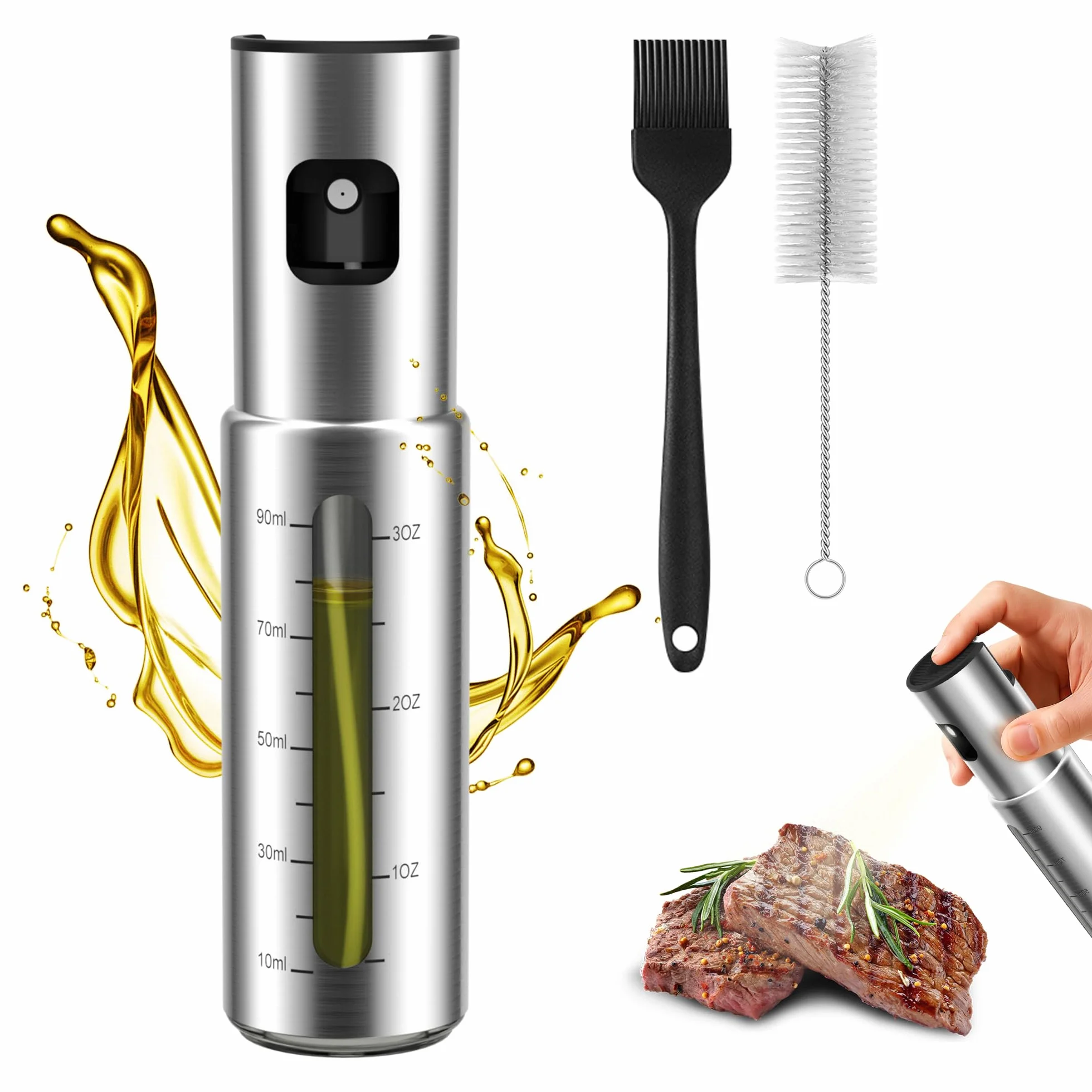 KitchenBoss Rozpylacz Oleju do Smażenia Oliwy z Oliwek: 100ml Stalowy Rozpylacz do Frytkownicy Powietrznej, Sałatek, BBQ