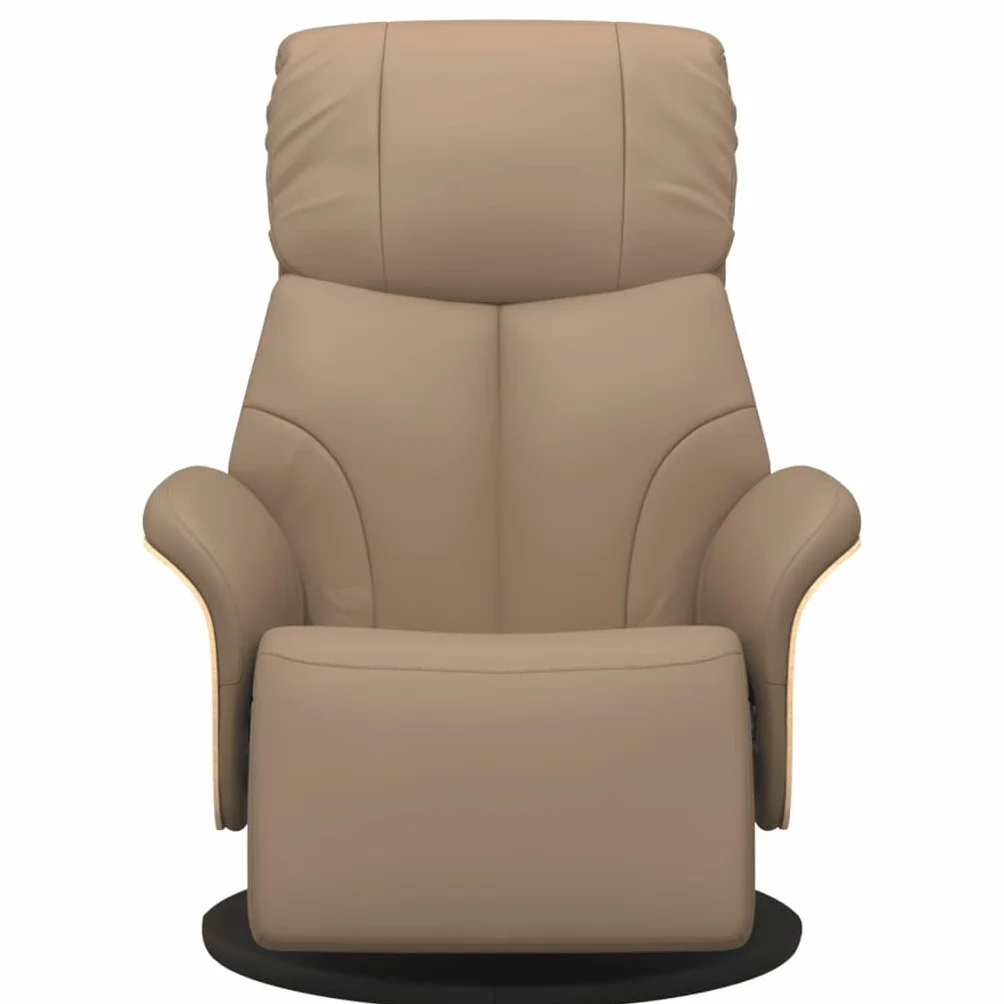 Fotel relaksacyjny z podnóżkiem, kolor brązowy cappuccino, sztuczna skóra, regulowany, obrotowy, z podłokietnikami, ergonomiczny, do salonu, sypialni, biura, relaksu, czytania, oglądania