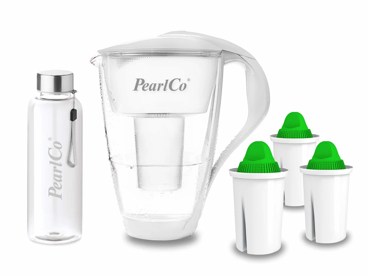PearlCo - Szklany filtr do wody (biały) z 3 wkładami filtrującymi alkalicznymi + 1 butelka na napoje ze szkła