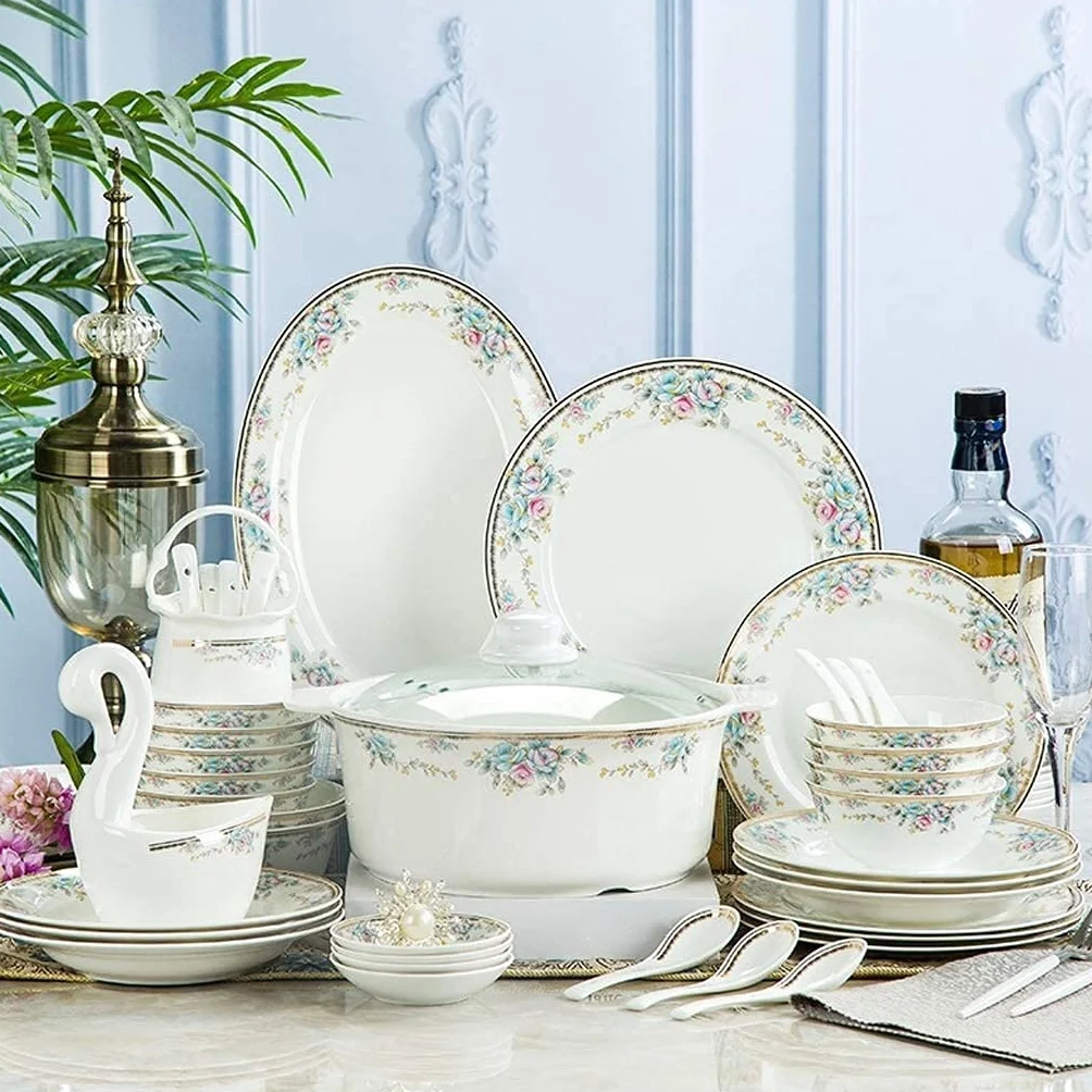 48-częściowy ceramiczny zestaw zastawy stołowej z kwiatowym wzorem, zawiera miski, naczynia, garnek do zupy i łyżki do restauracji i domowej jadalni