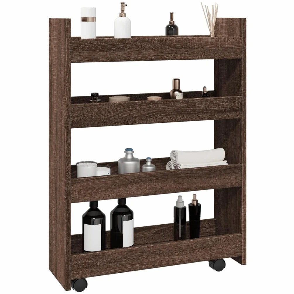 Meble Przedmiot dom Wąski wózek do przechowywania 4-poziomowy brązowy dąb Engineered Wood-Furniture