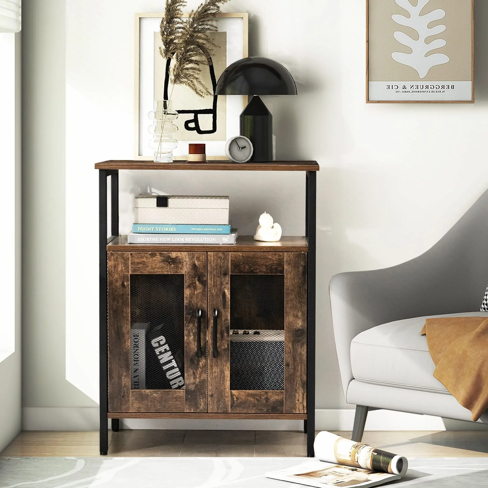 COSTWAY Szafka na wino w stylu vintage ze zdejmowanym regałem na wino i wbudowanymi uchwytami na szkło, komoda drewniana, komoda 60 x 34 x 79 cm