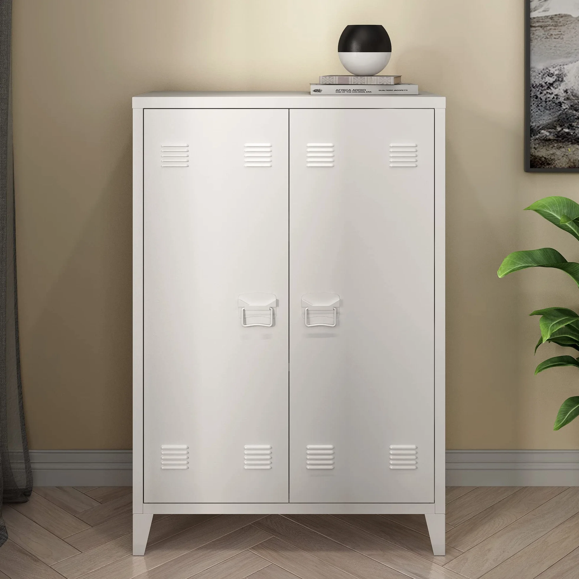 Oripää metalowa szafka do salonu, 110 x 75 x 33 cm, szafka na akta, szafka warsztatowa z 2 drzwiami i 2 półkami o regulowanej wysokości, biała
