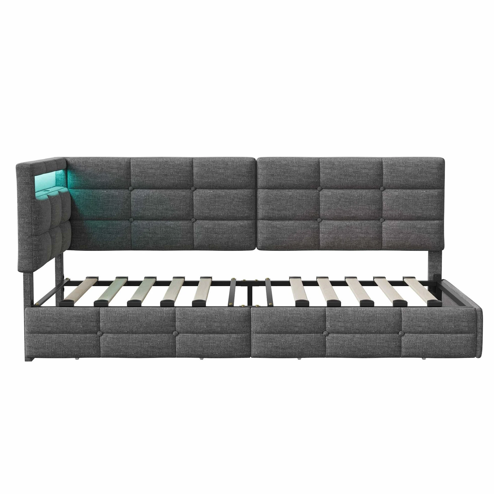 Łóżko 90 x 200 cm, z miejscem do przechowywania, tapicerowane, młodzieżowe, 90 x 200 cm, z diodami LED i USB, sofa z szufladami, pojedyncze łóżko dzienne ze stelażem, łóżko narożne, len, szare