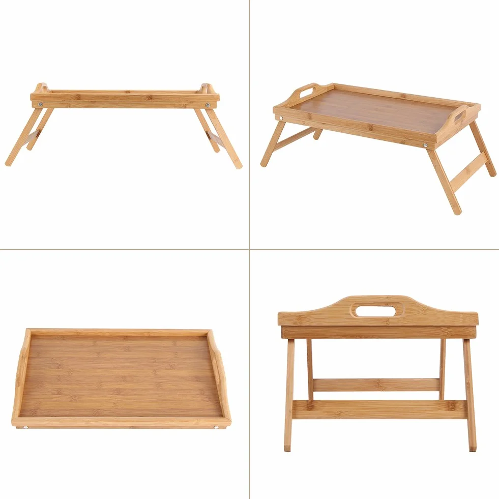 Taca na łóżko z drewna bambusowego, ze składanymi uchwytami i nogami, podwyższona krawędź, taca śniadaniowa Stolik śniadaniowy, 63 x 27,3 x 22,5 cm