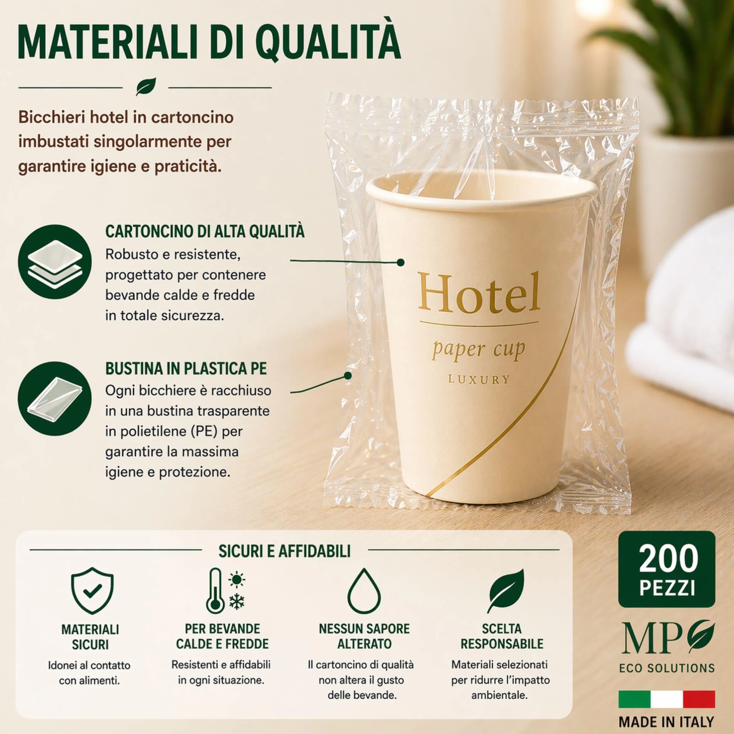 Generico Mecup Jednorazowe papierowe kubki pojedynczo pakowane jednorazowe kubki gorące i zimne napoje do hotelu lub b&b (200, HOTEL)