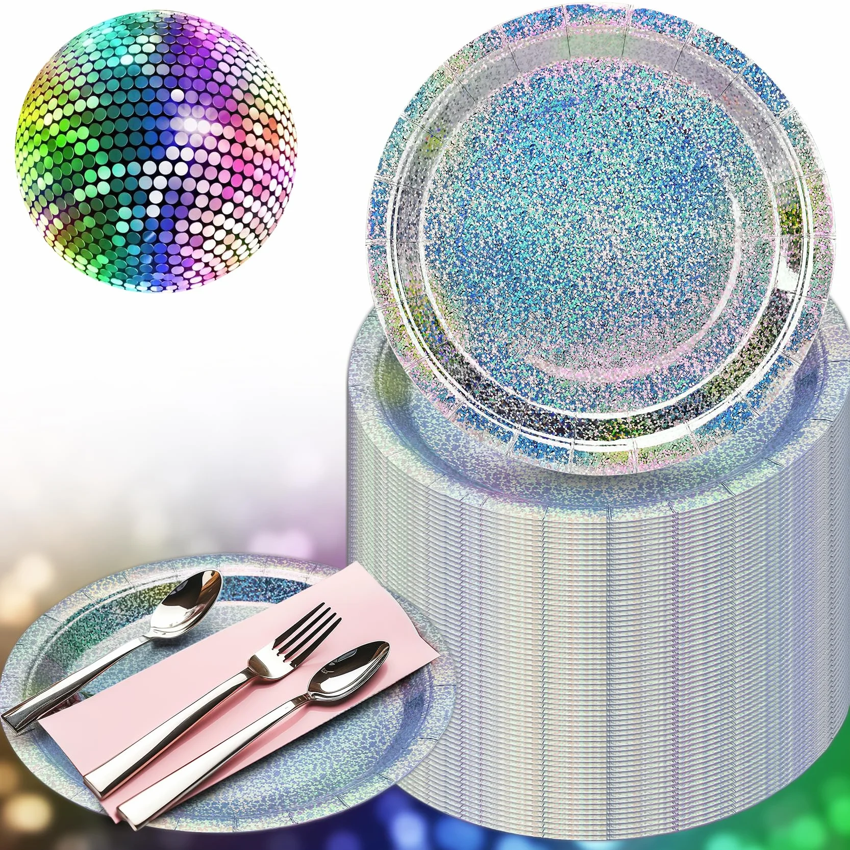 CEILIWEN 100 sztuk opalizujących papierowych talerzy, holograficzne, jednorazowe talerze, 18 cm i 23 cm, okrągłe jednorazowe opalizujące tęczowe papierowe talerze imprezowe (opalizujące talerze