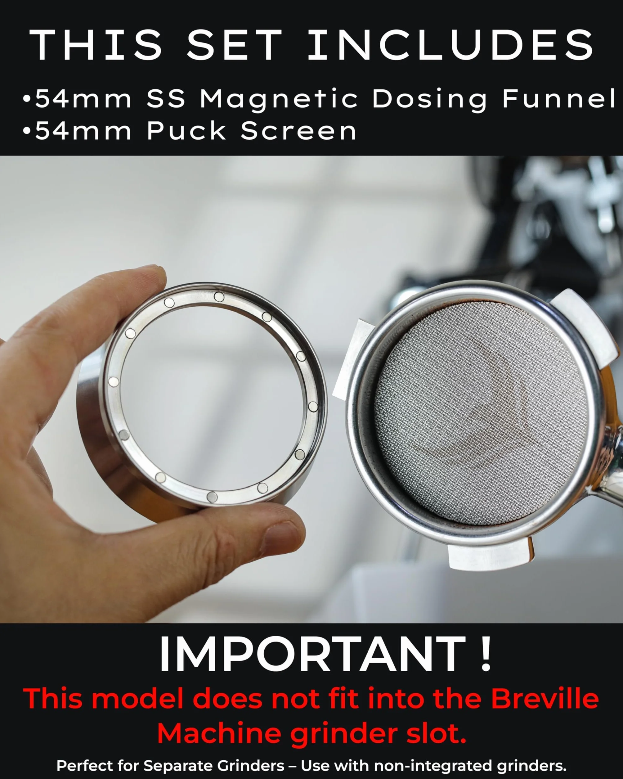 Zestaw 54 mm lejek dozujący do espresso i krążek, magnetyczny pierścień dozujący do kawy i filtr do portafiltrów, kompatybilny z koszem portafiltrowym Breville 54 mm, akcesoria do ekspresów do