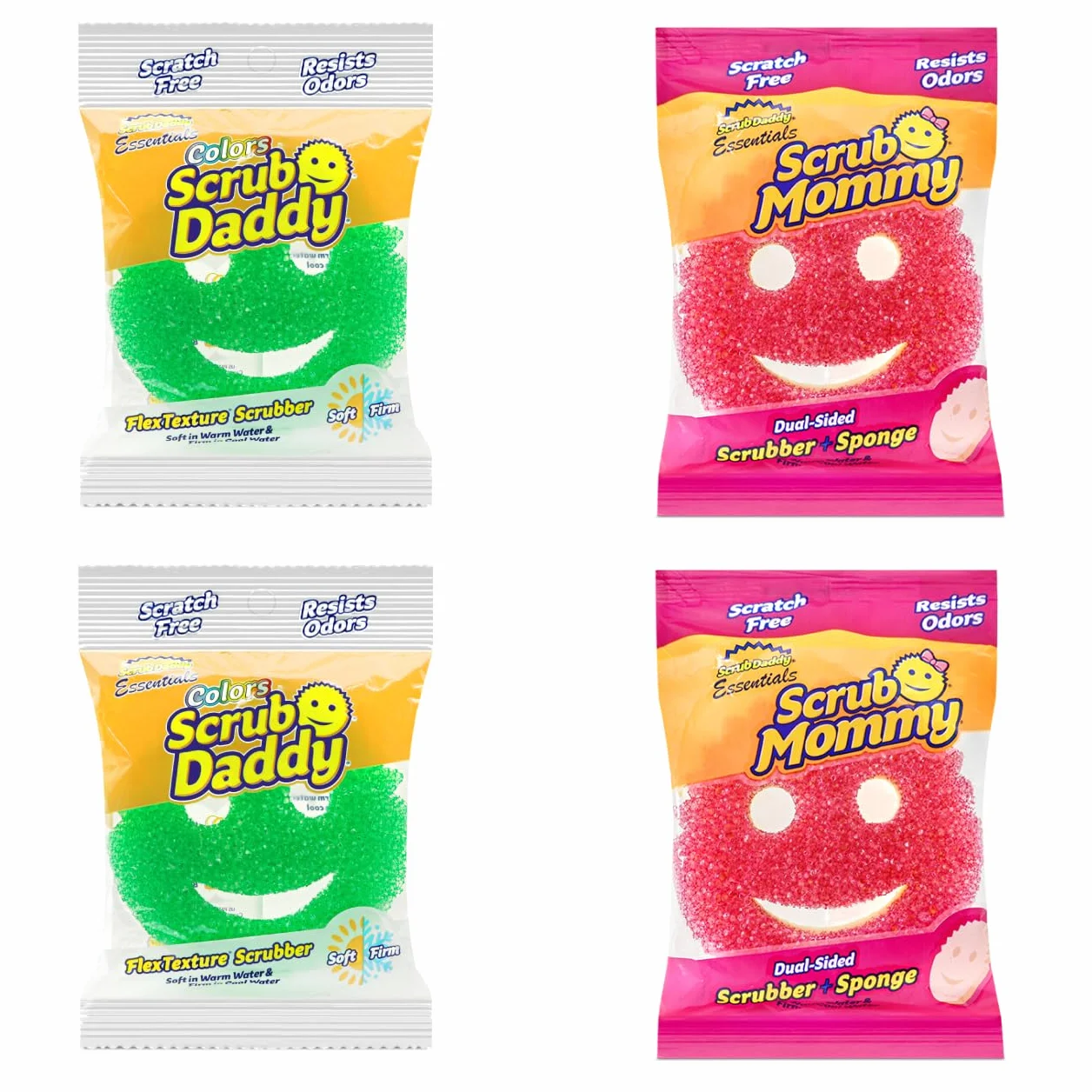 Scrub Mommy & Scrub Daddy Essentials Bundle - Wielopak do mycia gąbek, gąbka Dish do czyszczenia kuchni i łazienki, gąbka do czyszczenia bez zadrapań, odporna na wycieranie, mycie w zmywarce