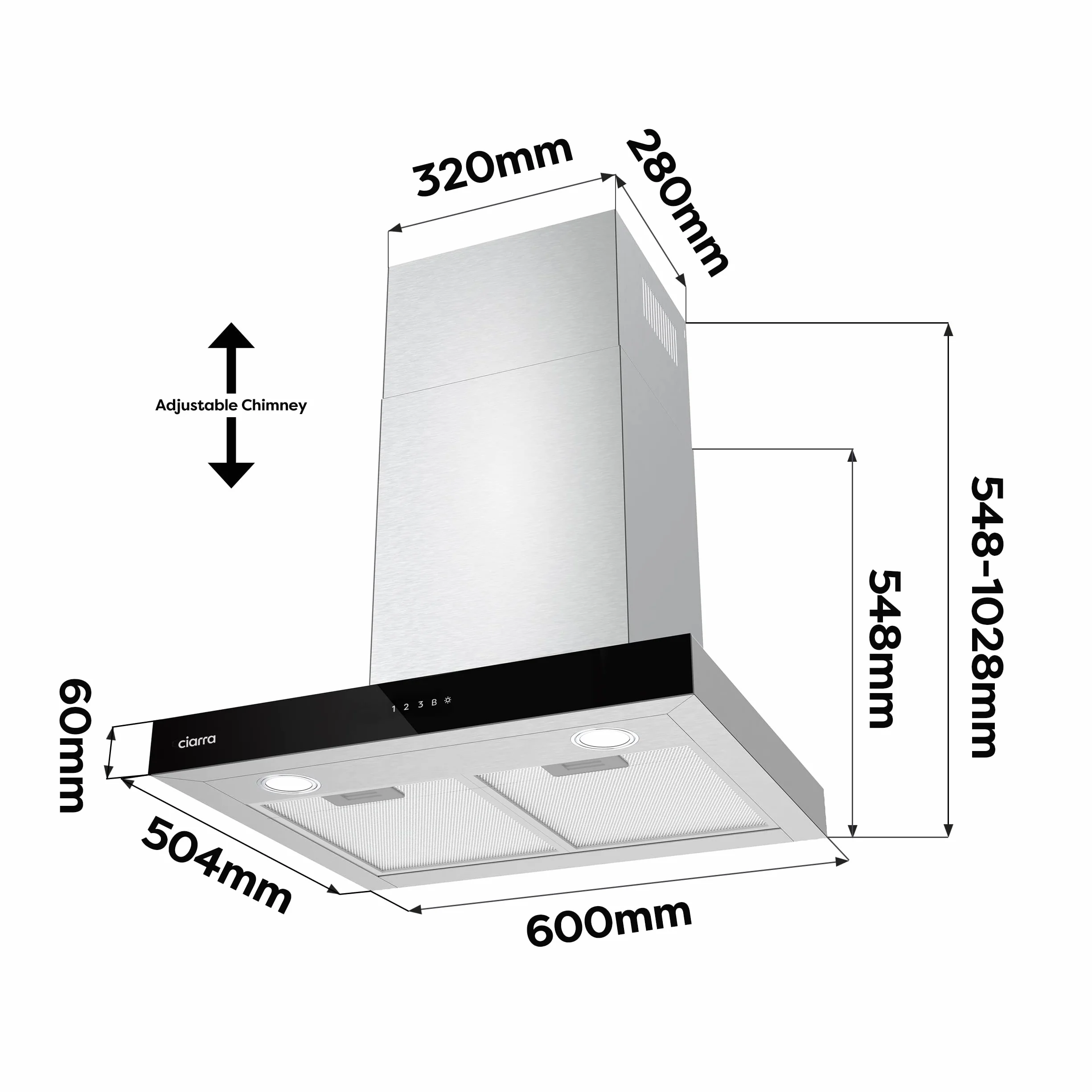 CIARRA CBCS6102 A+++ okap kuchenny 60 cm obieg powietrza wylotowego okap kuchenny 650 m³/h Wi-Fi App Touch obsługa 4 stopnie wraz z Booster czarny okap ścienny z filtrem węglowym CBCF003