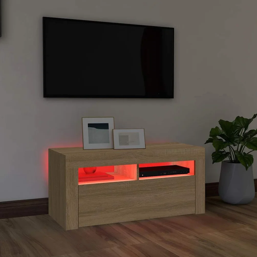 Szafka pod telewizor z diodami LED, dąb Sonoma 90 x 35 x 40 cm, nowoczesna szafka pod telewizor, wytrzymała uniwersalna podstawka pod telewizor, konsola multimedialna do salonu