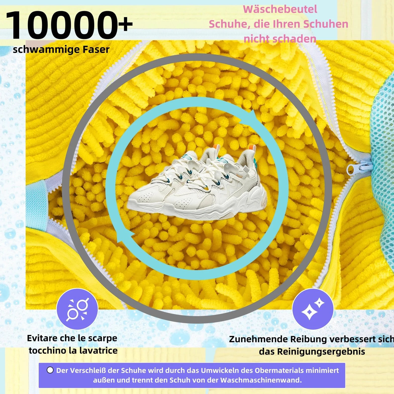 Zestaw 2 worków do prania butów, czyszczenie w zakresie 360°, amortyzujące uderzenia i redukujące hałas, wielokrotnego użytku do pralki, siatki na pranie (żółte)