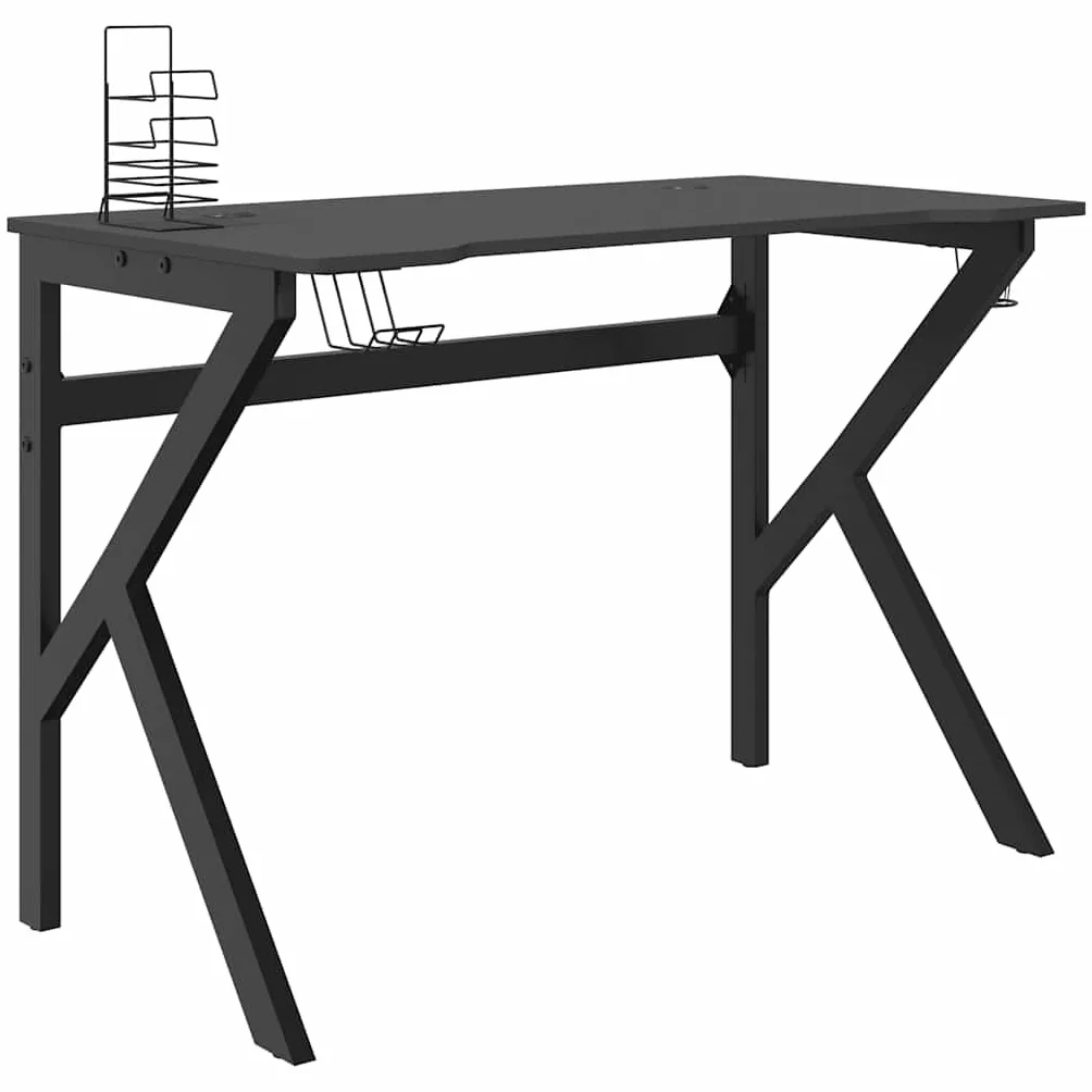 Biurko gamingowe ze stelażem K w kolorze czarnym i czerwonym 110 x 60 x 75 cm, ergonomiczne biurko komputerowe z półką na słuchawki, uchwytem na kontroler i wbudowanym uchwytem na kubek