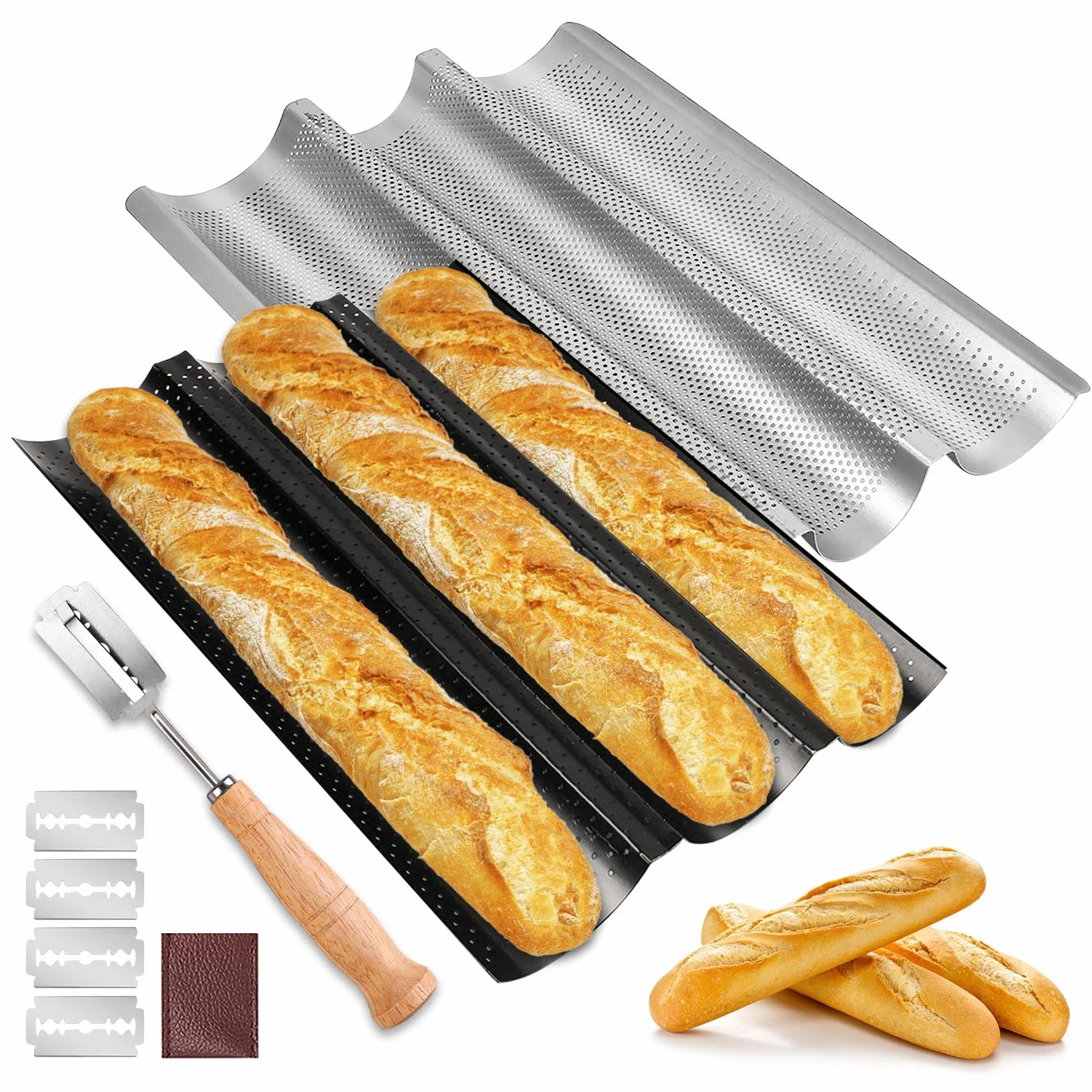 BORDEAG Forma do pieczenia bagietek, zestaw 2 sztuk, na 3 bagietki z nożem piekarskim, powłoka zapobiegająca przywieraniu, blacha do pieczenia bagietek, akcesoria do pieczenia chleba, 38 x 24 cm