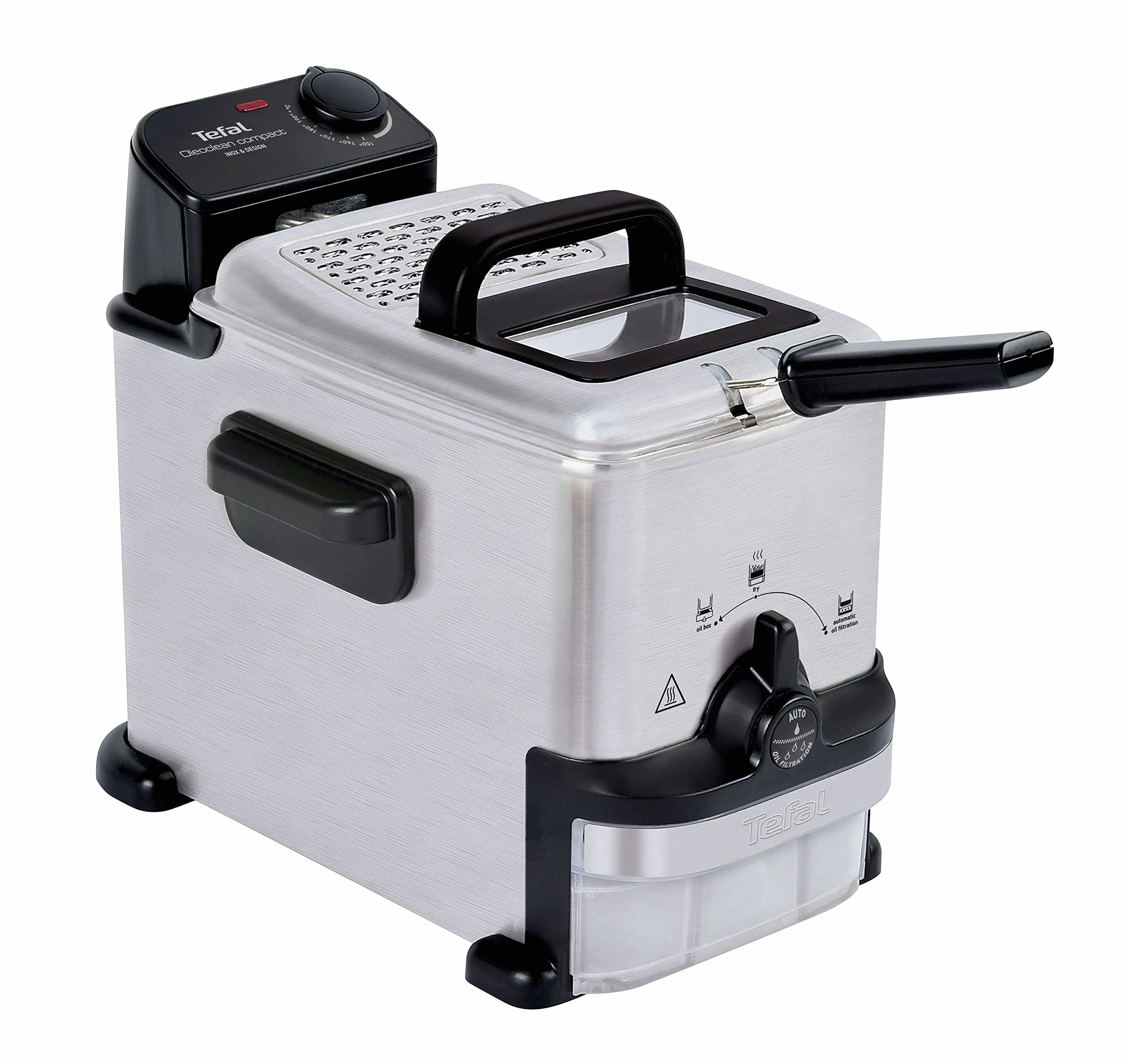 Tefal FR7016 Oleoclean Compact elektryczna frytkownica, pojemność 2 l, automatyczna filtracja oleju, części nadające się do mycia w zmywarce, okienko, regulowana temperatura, czarna/stal nierdzewna
