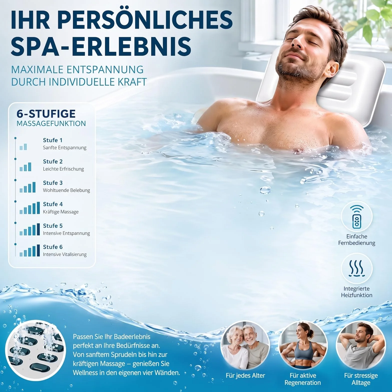 Mata do wanny spa, mata bąbelkowa, mata do wanny z hydromasażem z poduszkami, antypoślizgowe przyssawki, przenośny masażer do kąpieli bąbelkowej z 6 prędkościami, do relaksu w domu