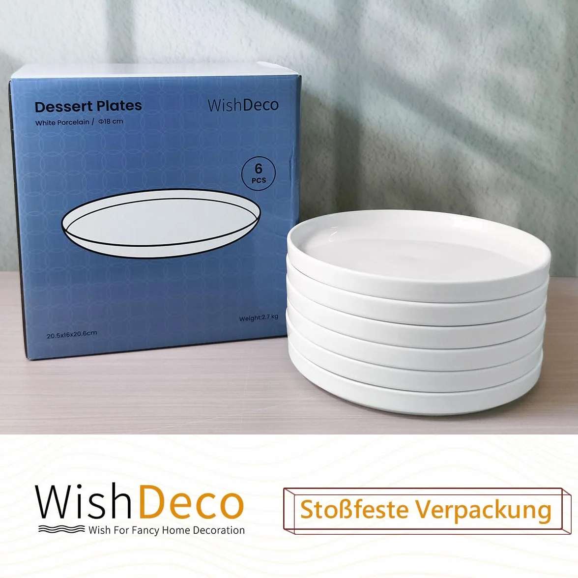 WishDeco Zestaw 6 talerzy deserowych, biała porcelanowa talerz 18 cm, mały okrągły talerz z krawędzią, naczynia ceramiczne na ciasto, chleb, sałatkę, makaron, owoce