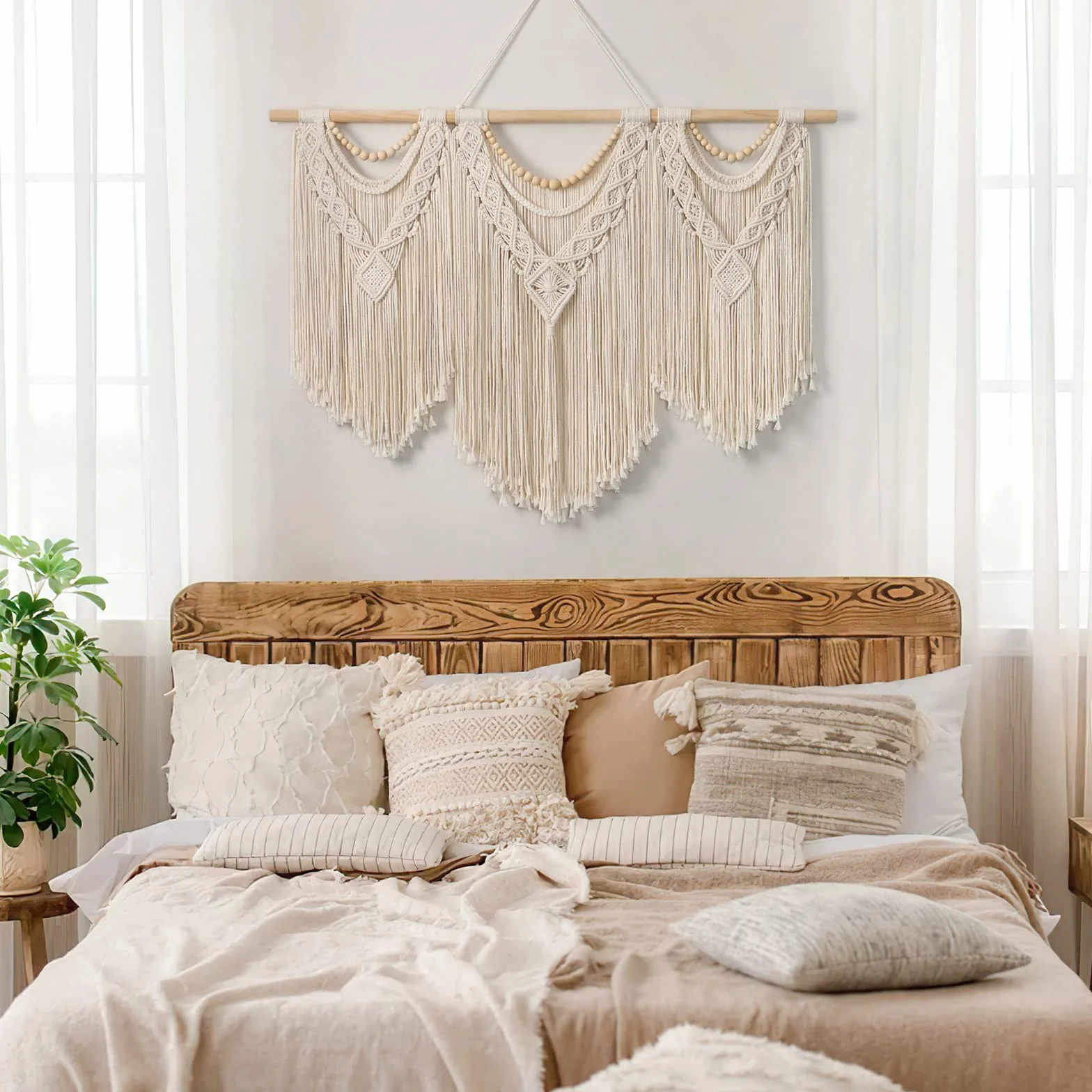 Dremisland Duża makrama, makrama, dywan ścienny, dekoracja ścienna w stylu boho, tkana, beżowe, frędzle, perły, sztuka ścienna, estetyczna chusta na ścianę, makrama, dekoracja ścienna, do sypialni