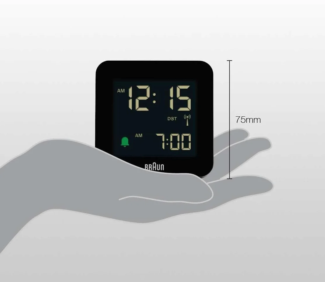Braun Cyfrowy budzik, funkcja drzemki, ujemny wyświetlacz LCD, funkcja szybkiego ustawiania, alarm Crescendo, czarny, model BC09-DCF