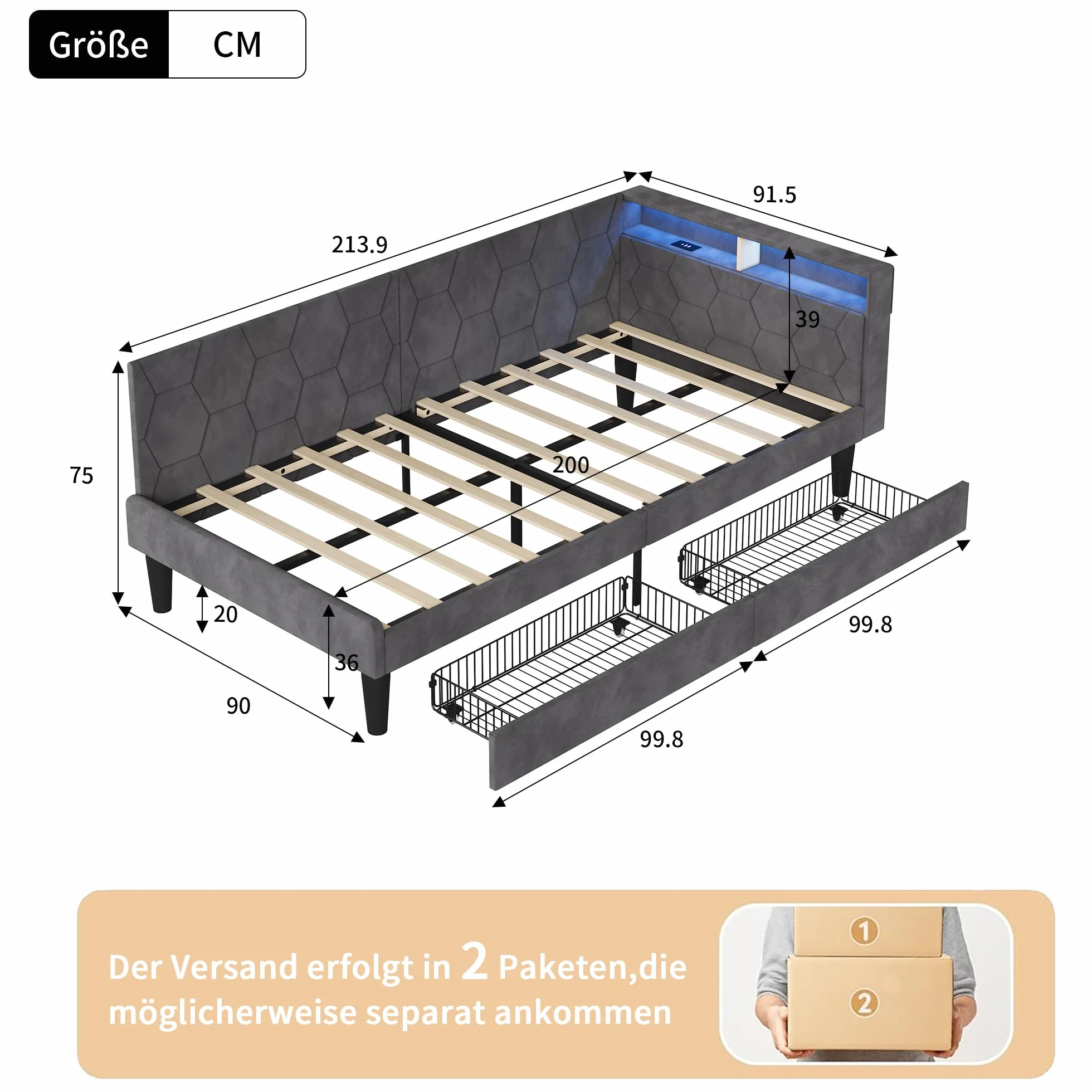 KeepGoon 90 x 200 cm łóżko tapicerowane z 2 szufladami, z aksamitu, łóżko pojedyncze/rozkładane, zagłówek LED ze schowkami, funkcja ładowania USB i stelaż, łóżko młodzieżowe dla dorosłych