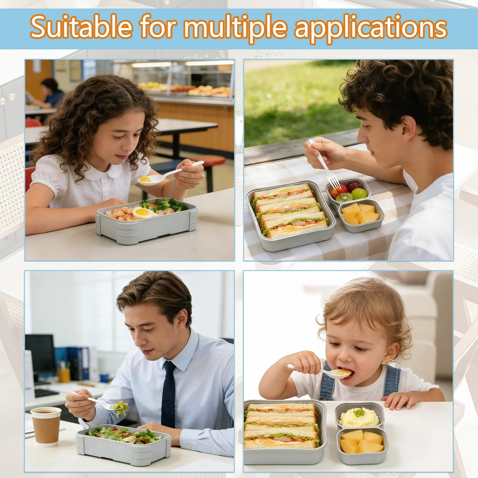 Lunch Box z Przegródkami 1760ml – Bento Box Szczelny i Sztaplowany – Modularny Pojemnik 3w1, BPA Free, Do Mikrofalówki – Zestaw z Łyżką i Widelcem (Szary)