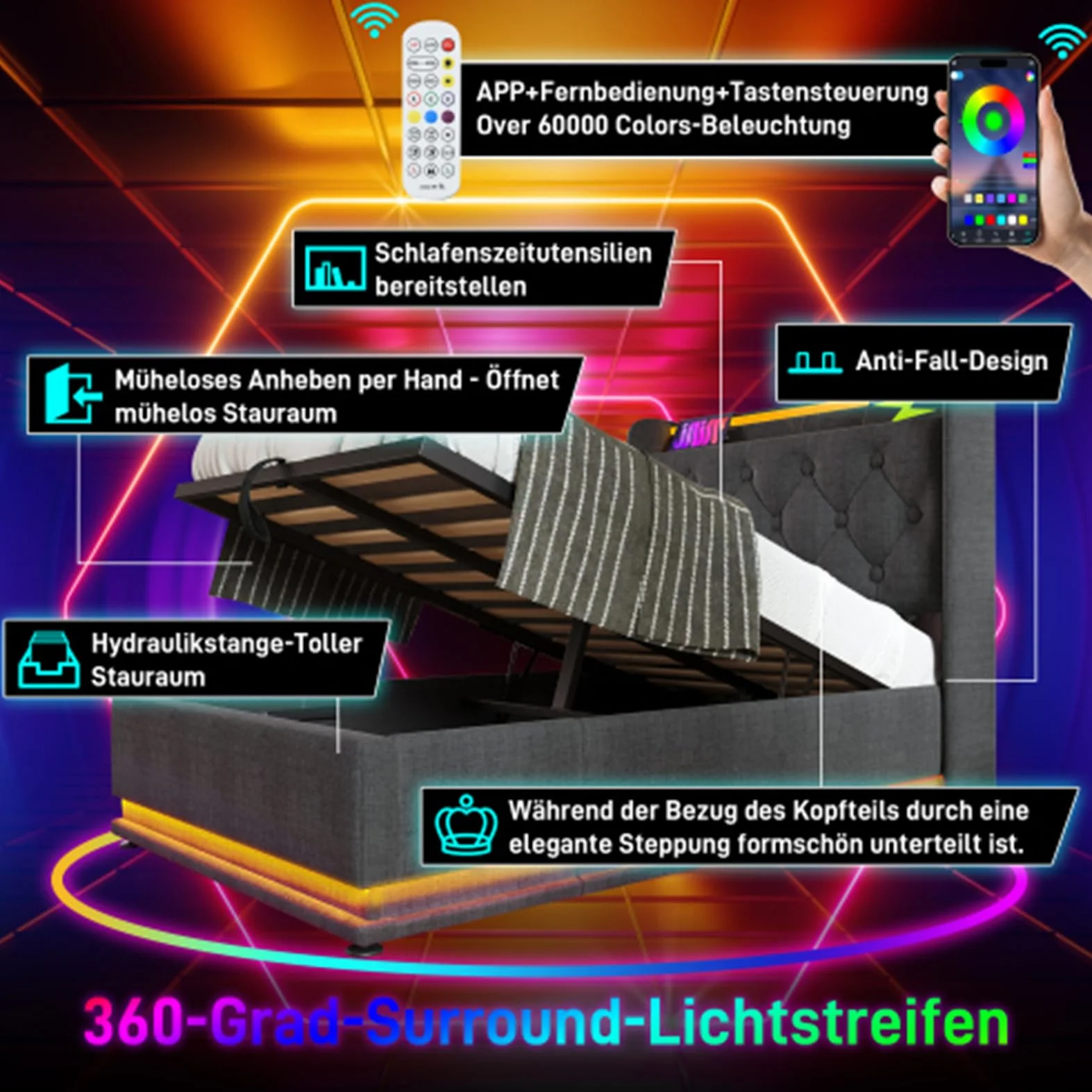 Hydrauliczne łóżko tapicerowane 360° LED z przyciskiem / aplikacja / pilot zdalnego sterowania, łóżko pojedyncze, łóżko magazynowe, skrzynia na pościel z funkcją ładowania USB typu C, kolor | Łóżko pojedyncze, lniane łóżko magazynowe, skrzynia na pościel
