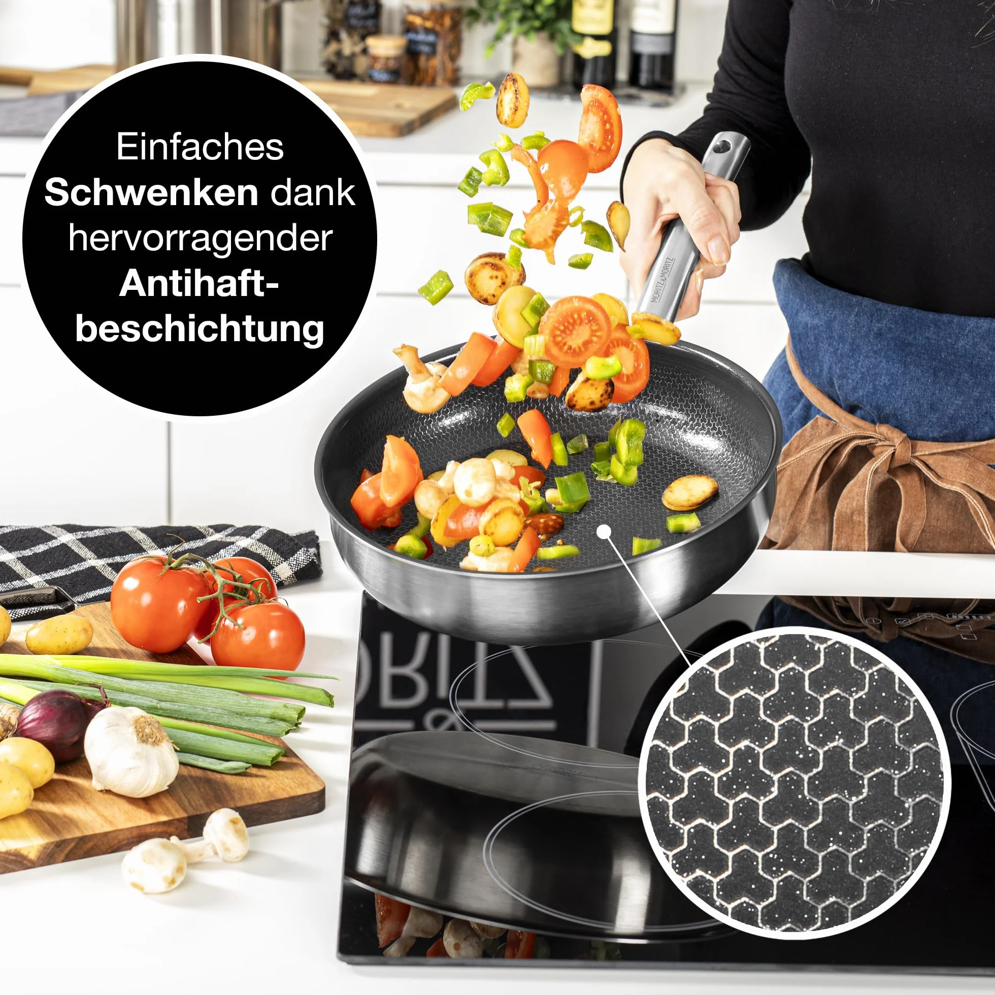 Moritz & Moritz Patelnia 28 cm do kuchenek indukcyjnych z komórkową strukturą z ceramicznym powłokiem - do wszystkich rodzajów kuchenek - Patelnia antyprzywarcza do kuchenek indukcyjnych do gotowania
